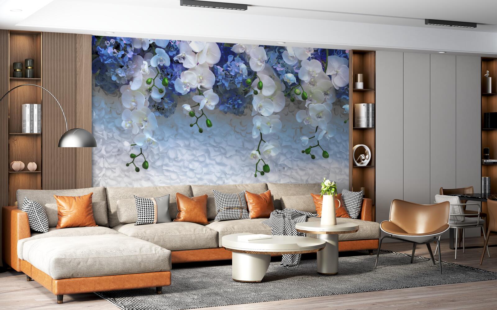 Fototapeta spadające niebieskie i białe kwiaty