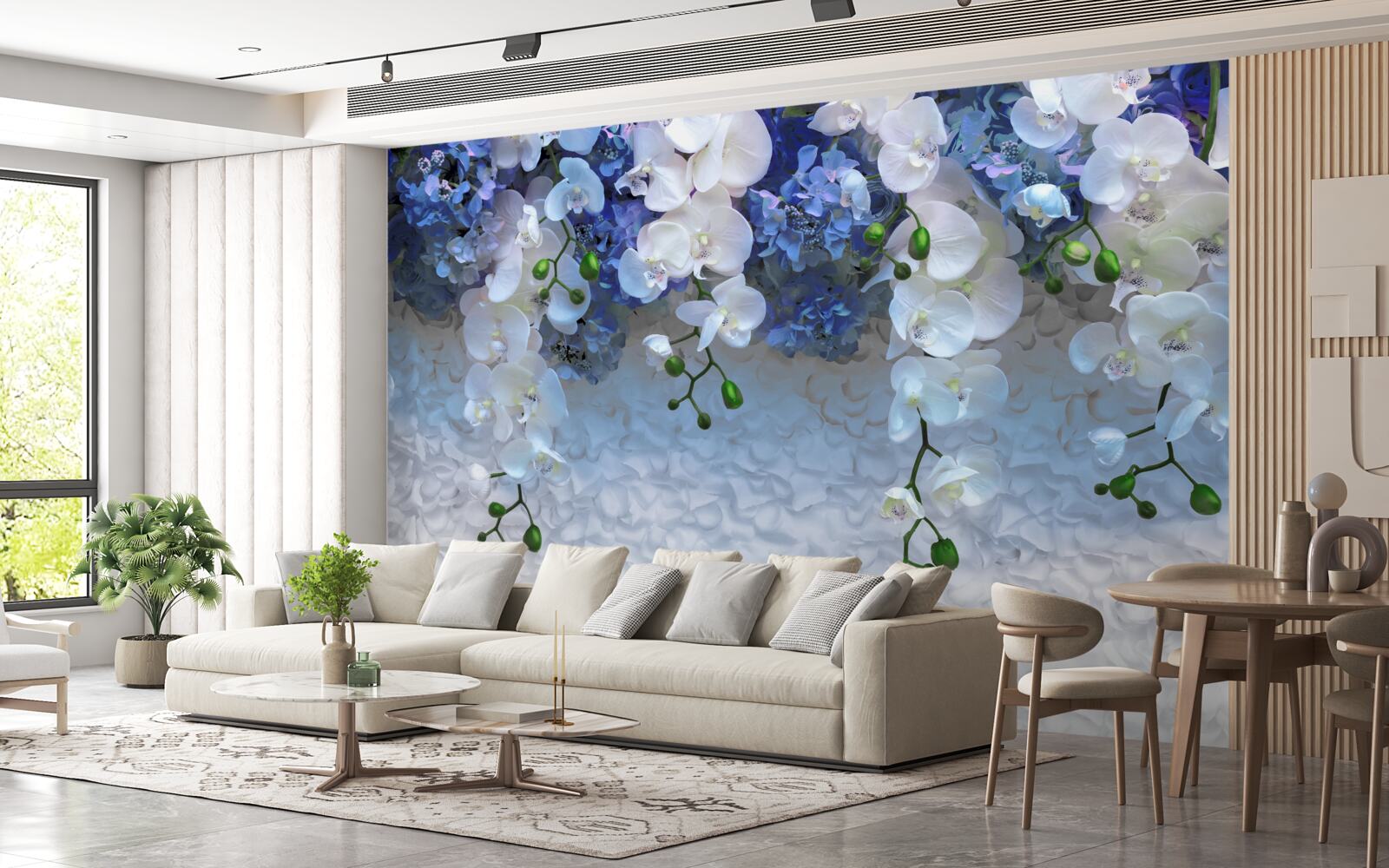 Fototapeta spadające niebieskie i białe kwiaty