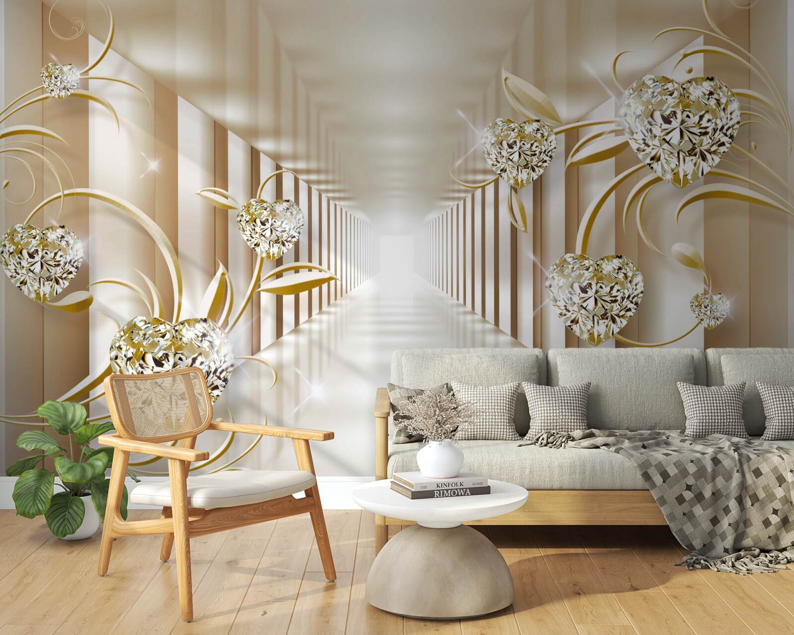 Fototapeta korytarz ze złotymi dekoracjami i abstrakcyjnymi kolumnami