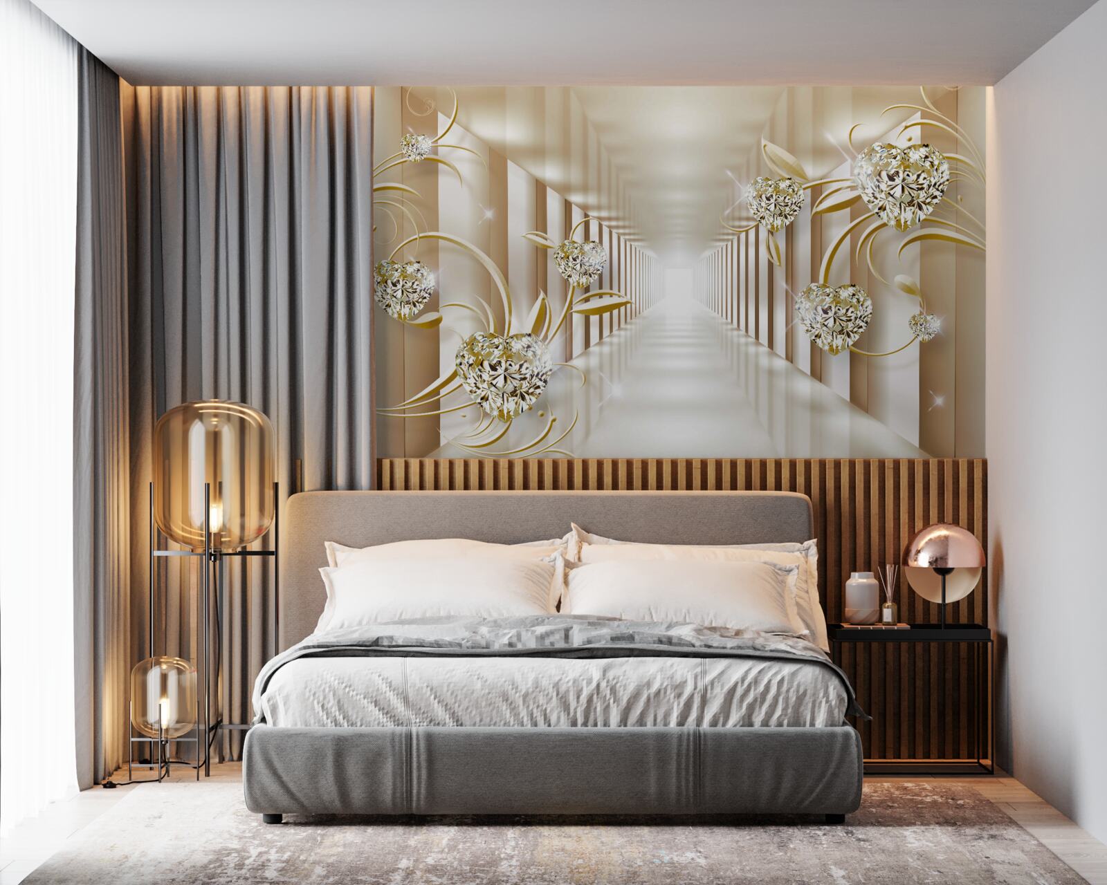 Fototapeta korytarz ze złotymi dekoracjami i abstrakcyjnymi kolumnami