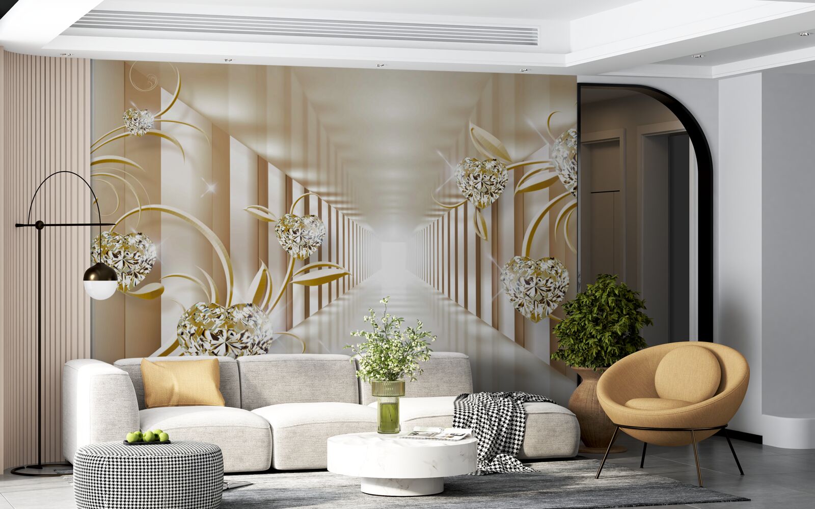 Fototapeta korytarz ze złotymi dekoracjami i abstrakcyjnymi kolumnami