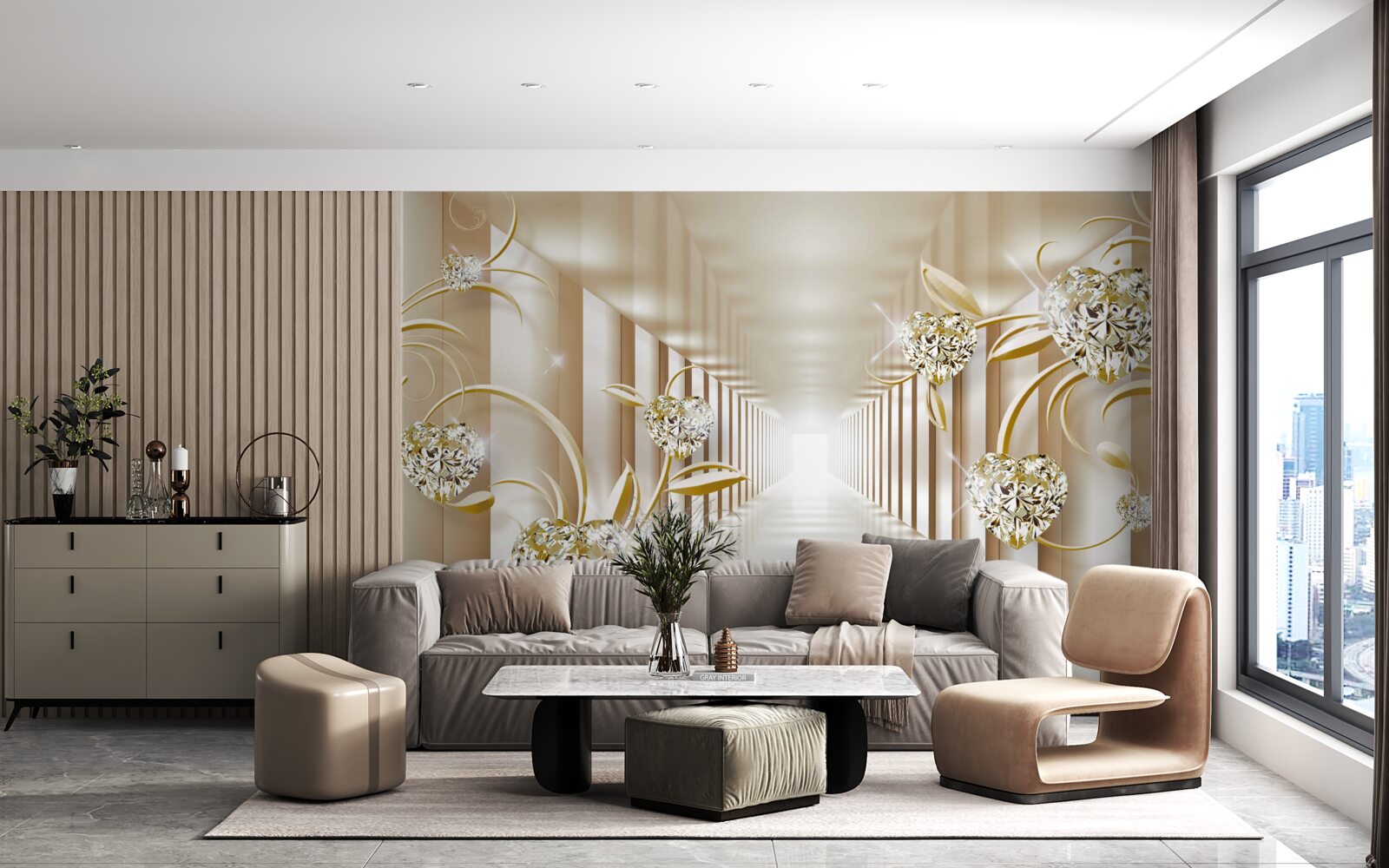 Fototapeta korytarz ze złotymi dekoracjami i abstrakcyjnymi kolumnami