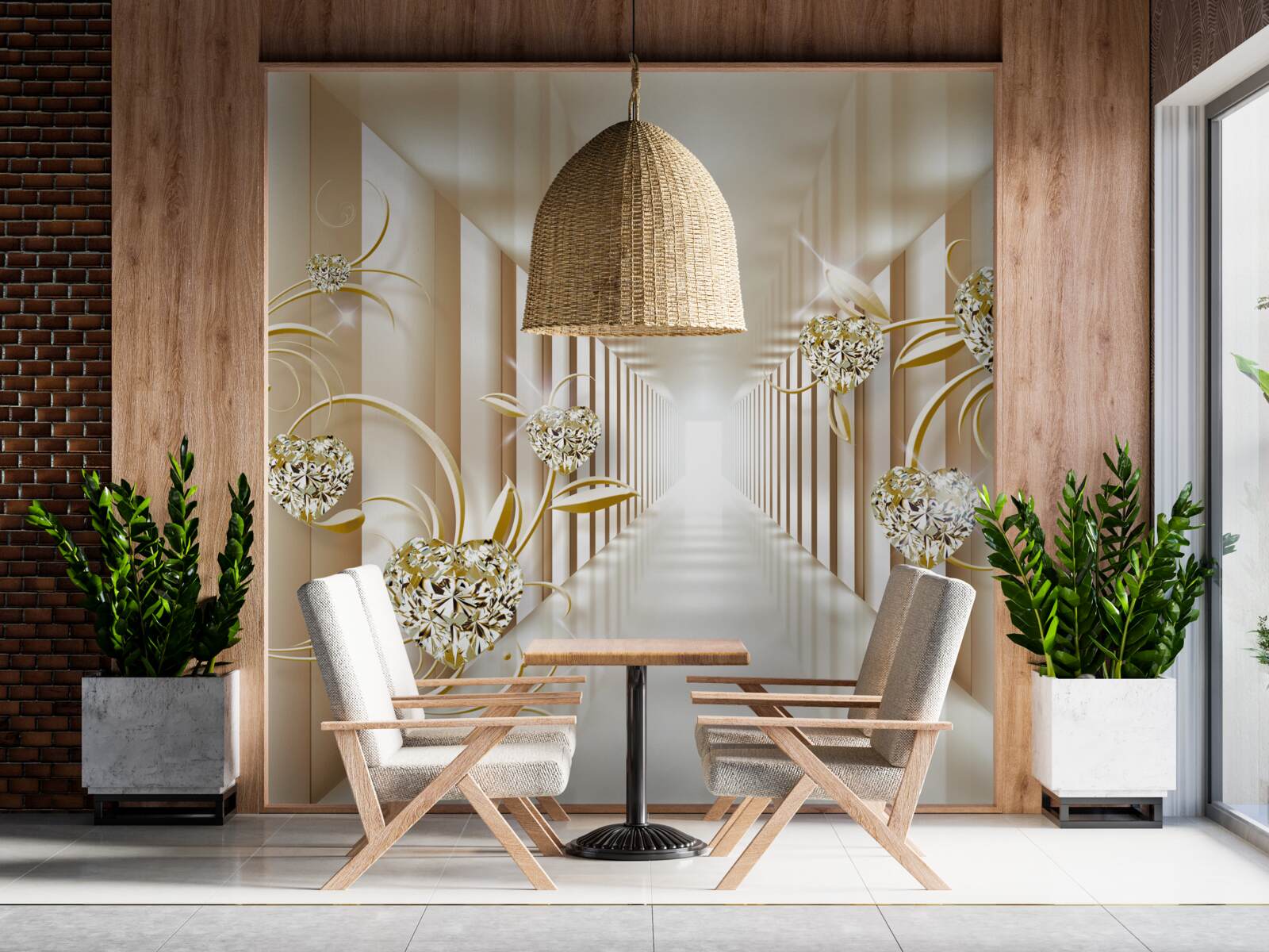 Fototapeta abstrakcyjny korytarz ozdobiony złotymi przedmiotami