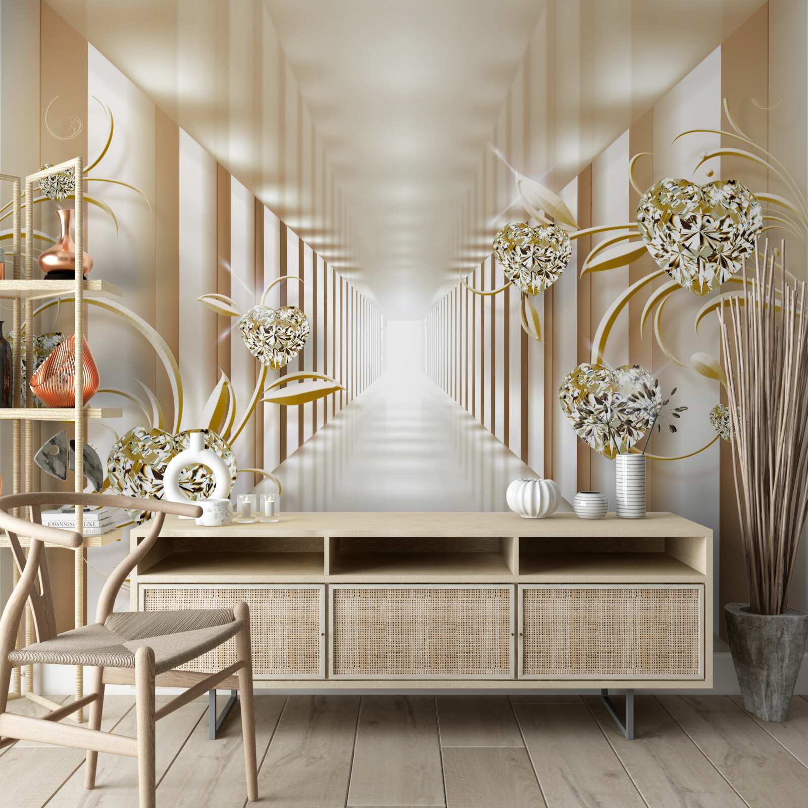 Fototapeta abstrakcyjny korytarz ozdobiony złotymi przedmiotami