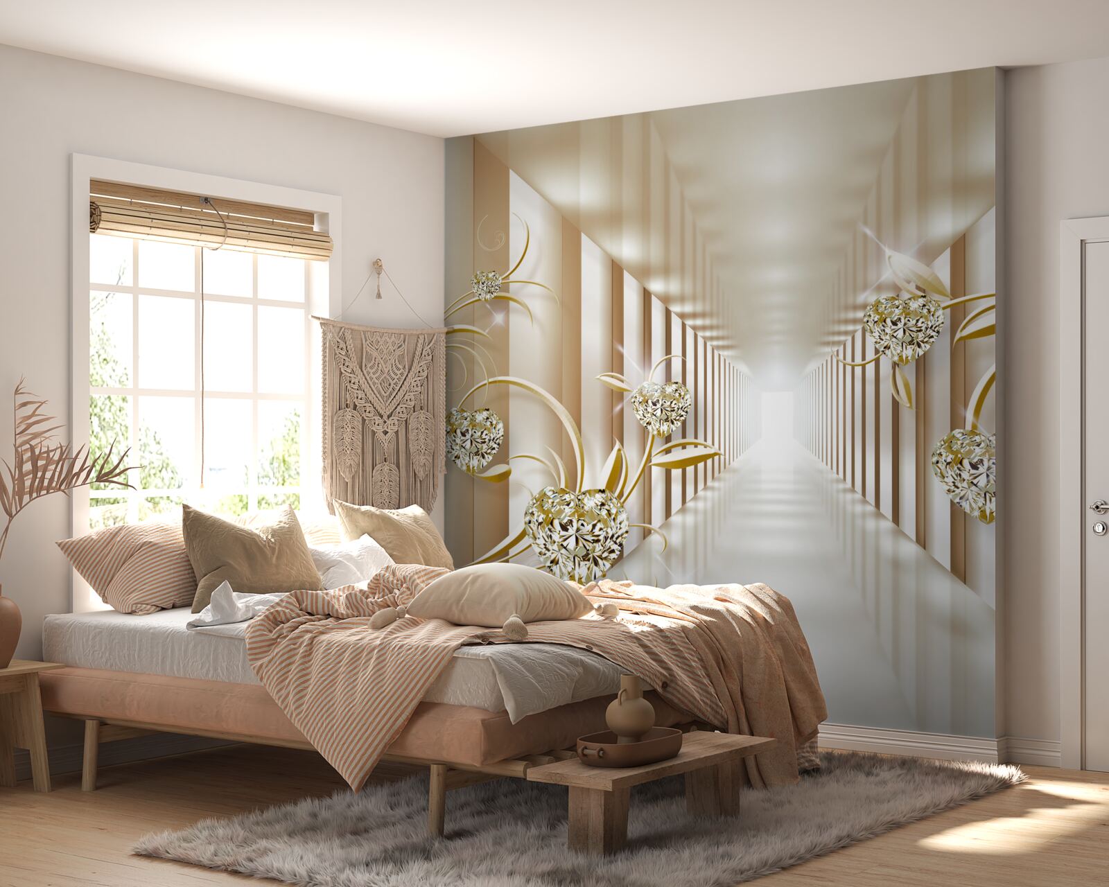 Fototapeta abstrakcyjny korytarz ozdobiony złotymi przedmiotami