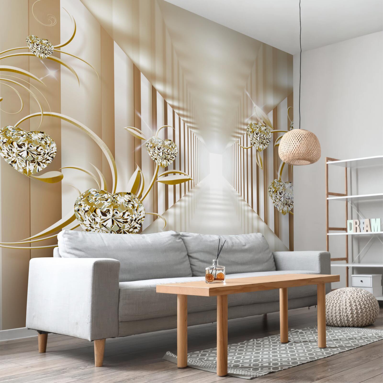 Fototapeta abstrakcyjny korytarz ozdobiony złotymi przedmiotami