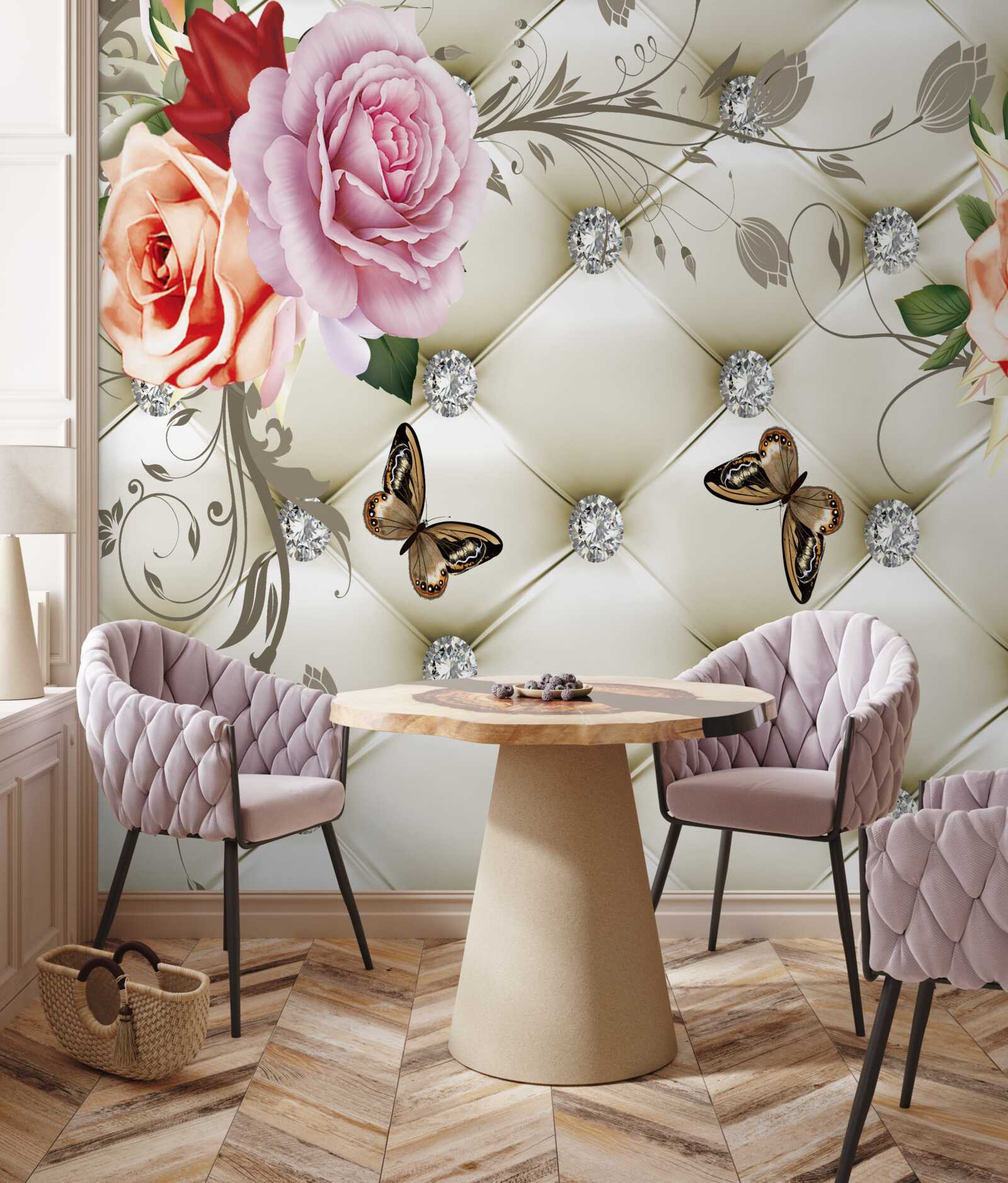 Fototapeta dekoracja tkaniny w postaci motyli i róż