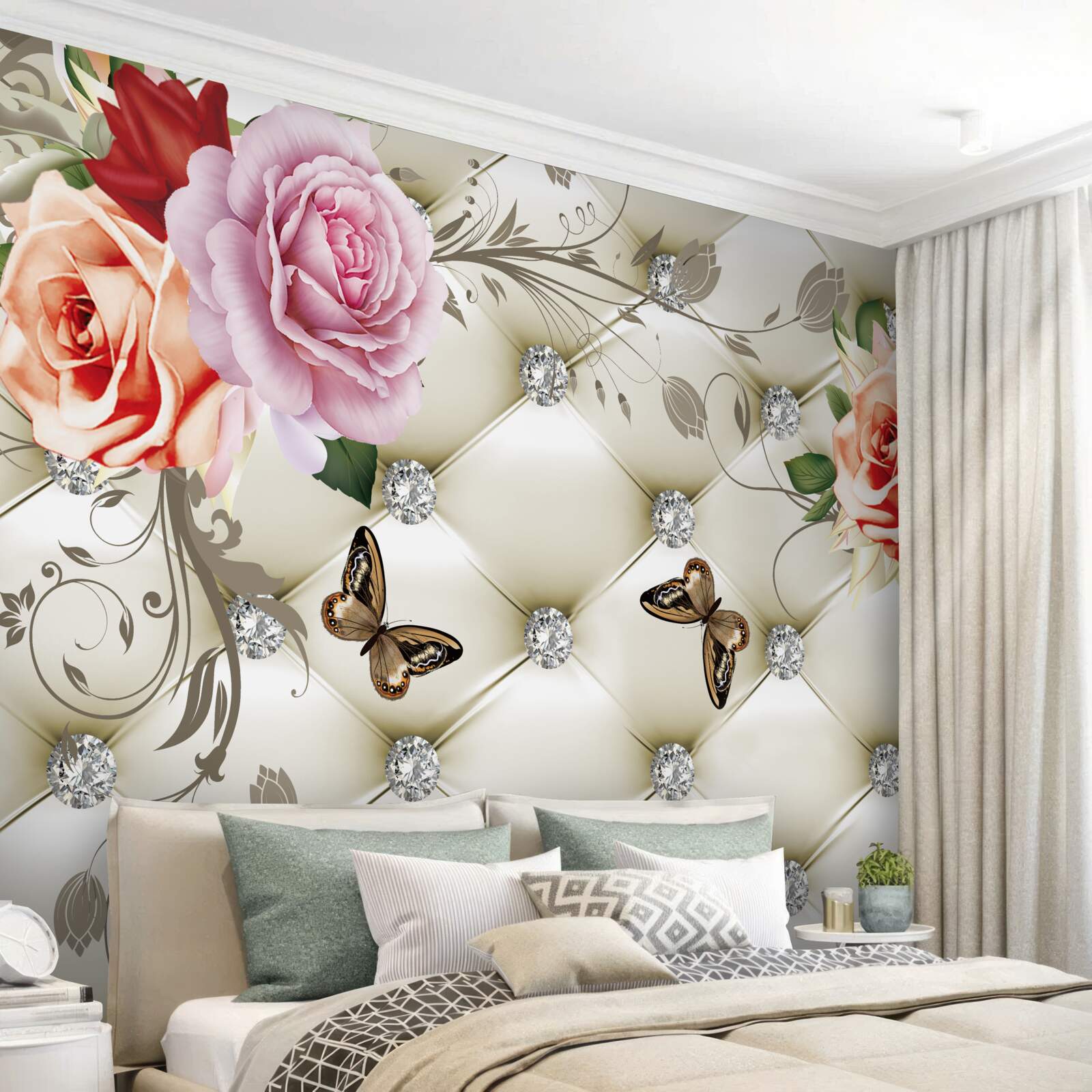 Fototapeta dekoracja tkaniny w postaci motyli i róż