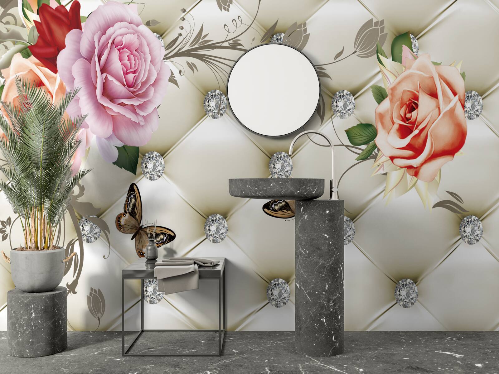 Fototapeta dekoracja tkaniny w postaci motyli i róż