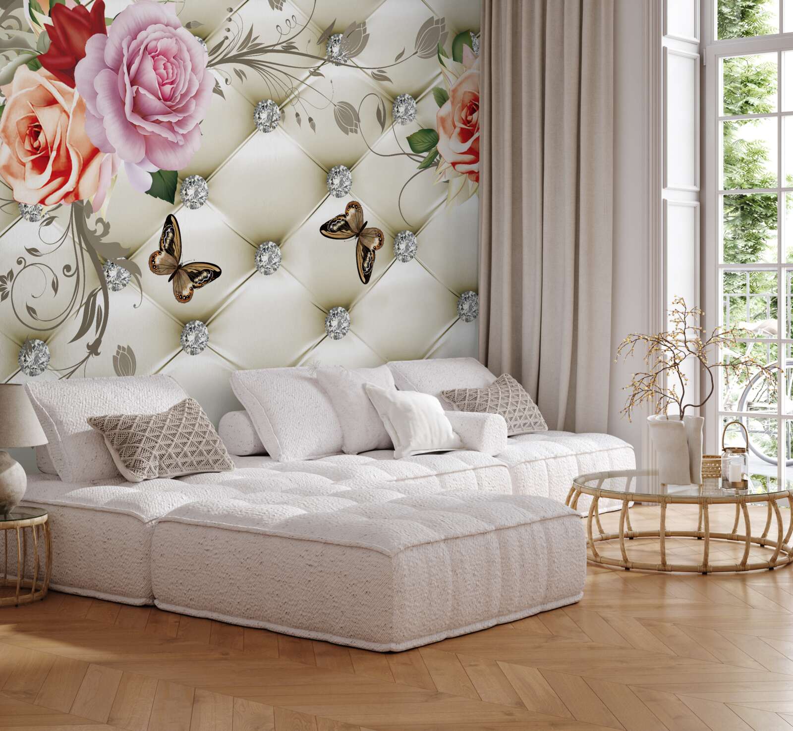 Fototapeta dekoracja tkaniny w postaci motyli i róż