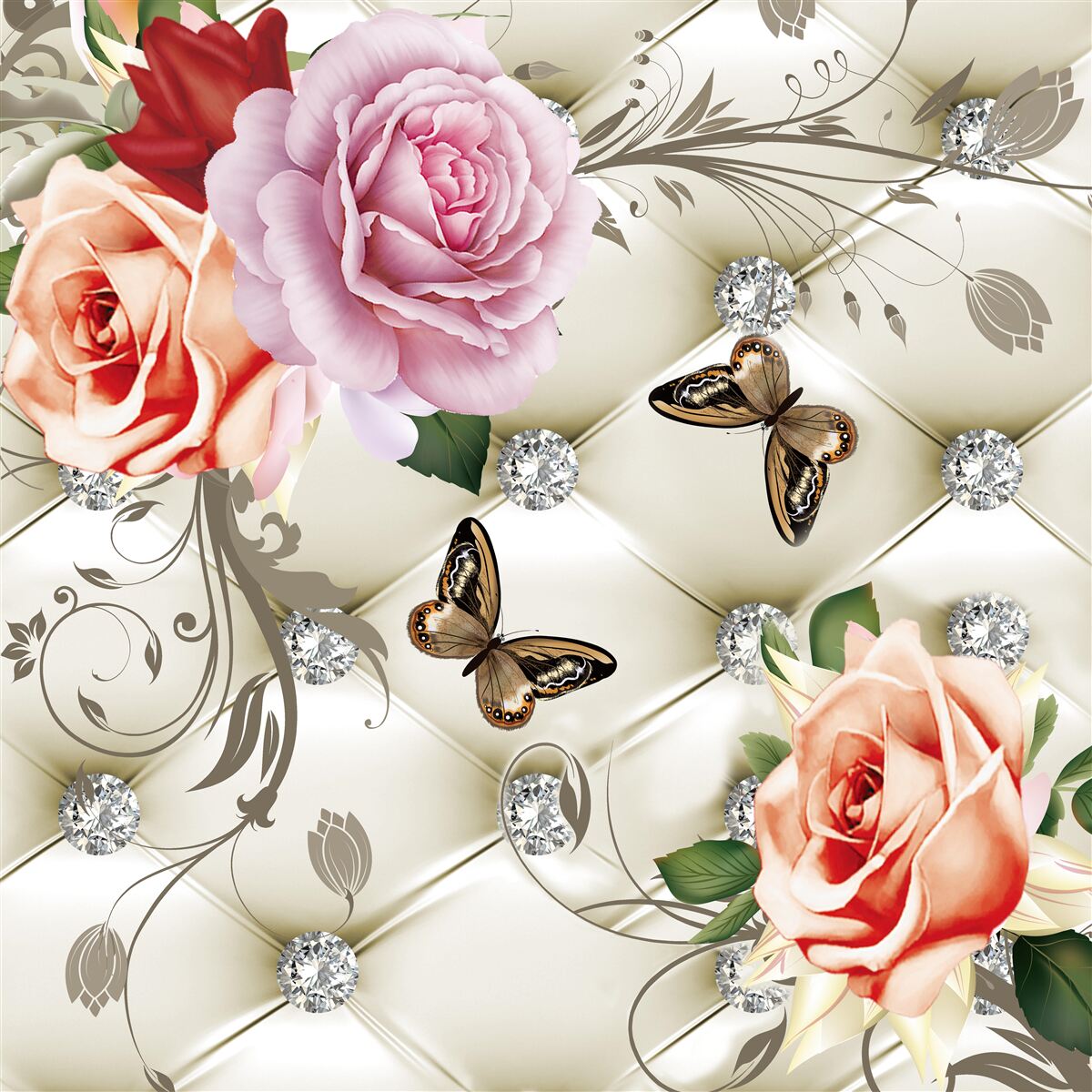 Fototapeta perłowe róże z jasnymi motylkami na pąkach