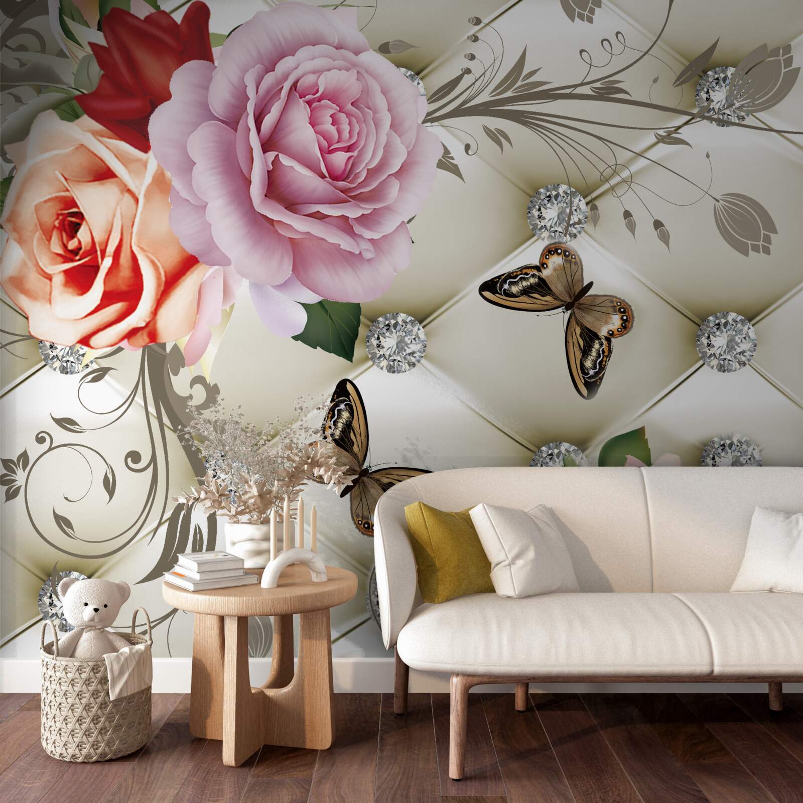 Fototapeta perłowe róże z jasnymi motylkami na pąkach