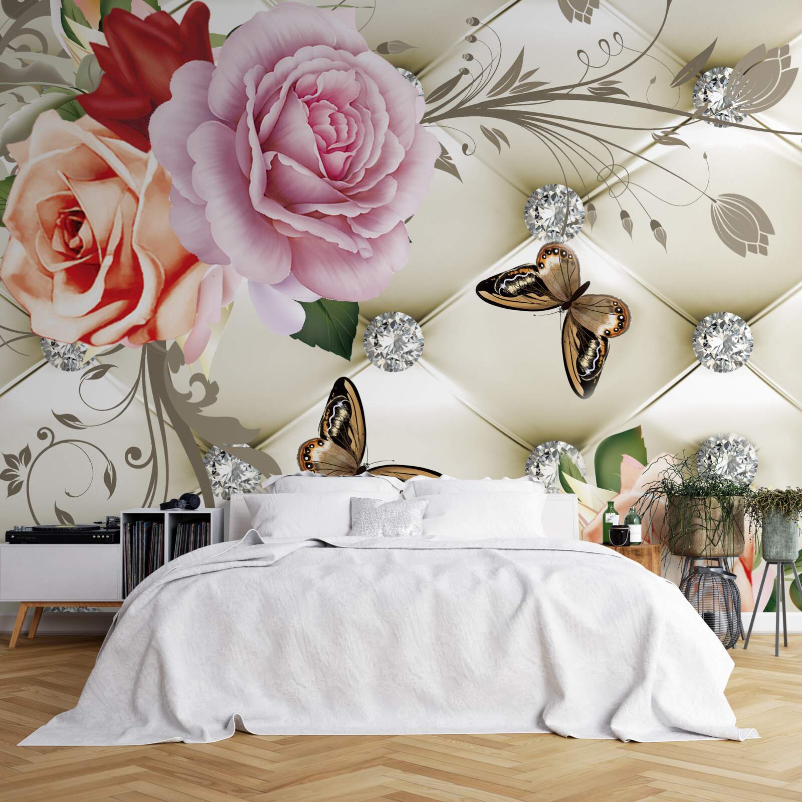 Fototapeta perłowe róże z jasnymi motylkami na pąkach