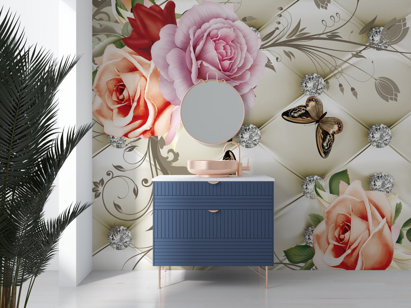 Fototapeta perłowe róże z jasnymi motylkami na pąkach