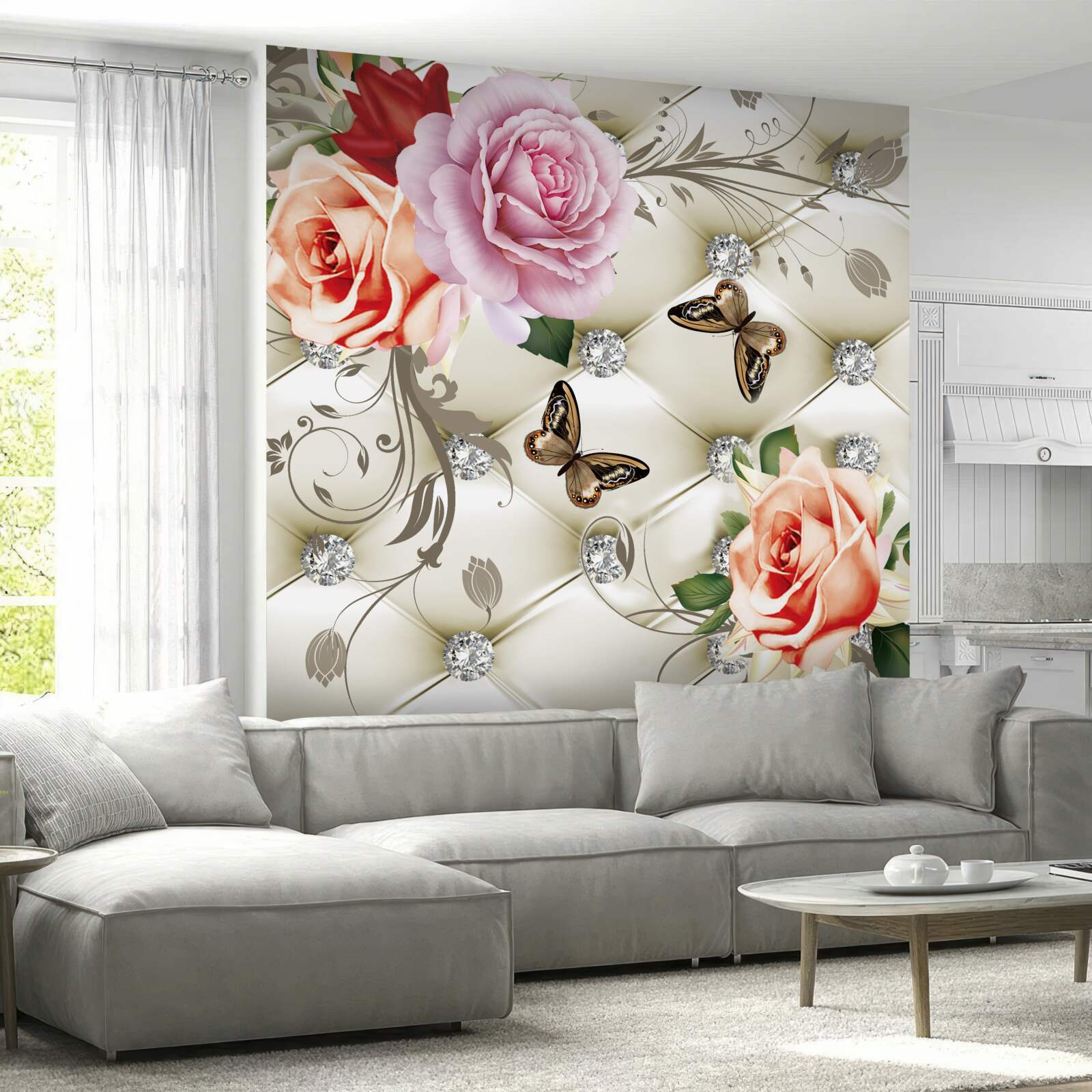 Fototapeta perłowe róże z jasnymi motylkami na pąkach