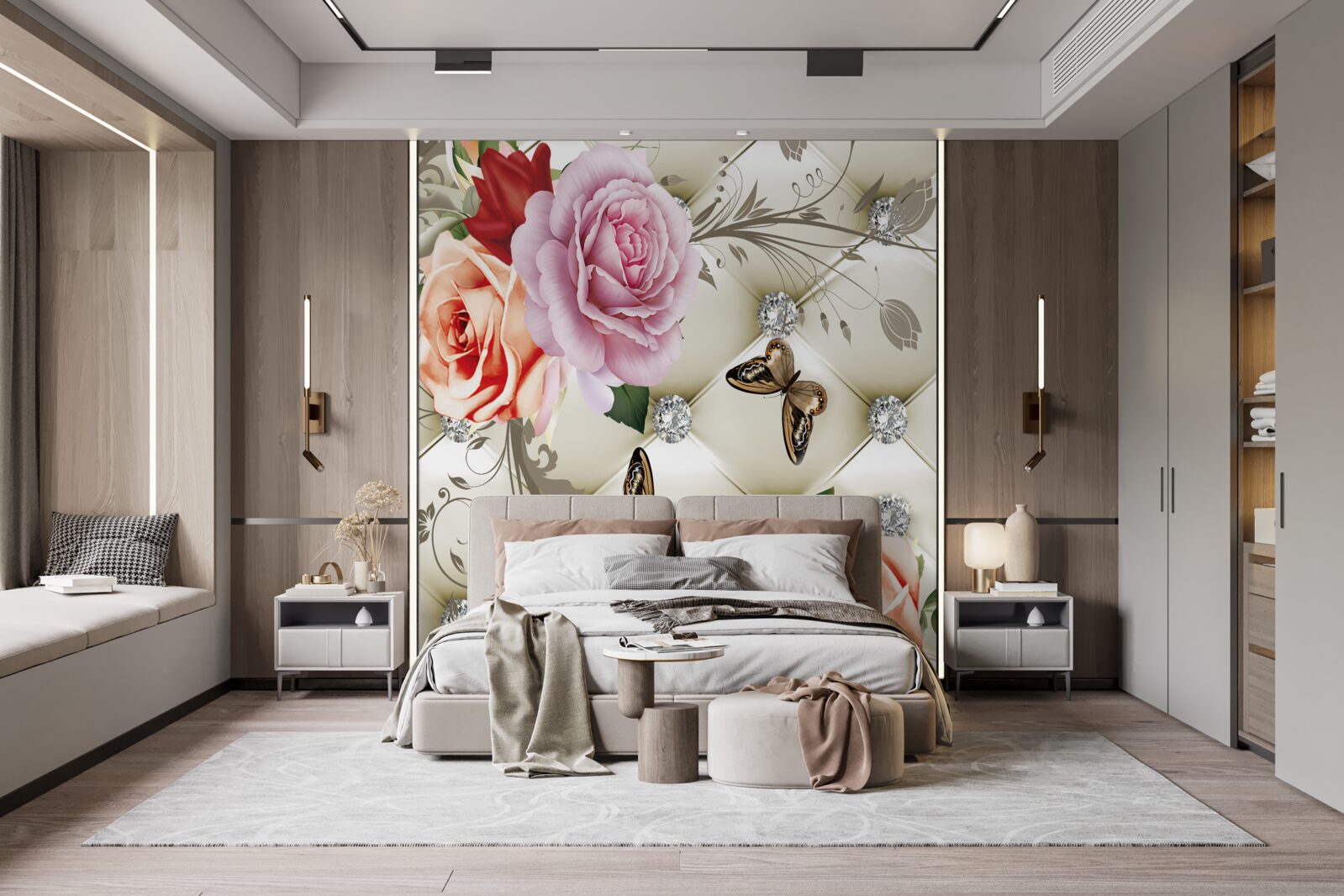 Fototapeta abstrakcyjne tło ozdobione perłami, kwiatami i różami