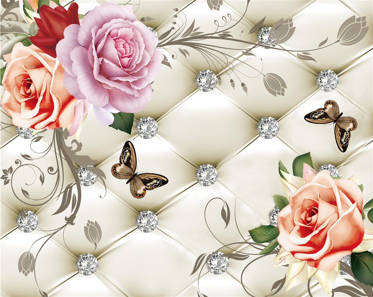 Fototapeta brzoskwiniowe i fioletowe róże z motylami