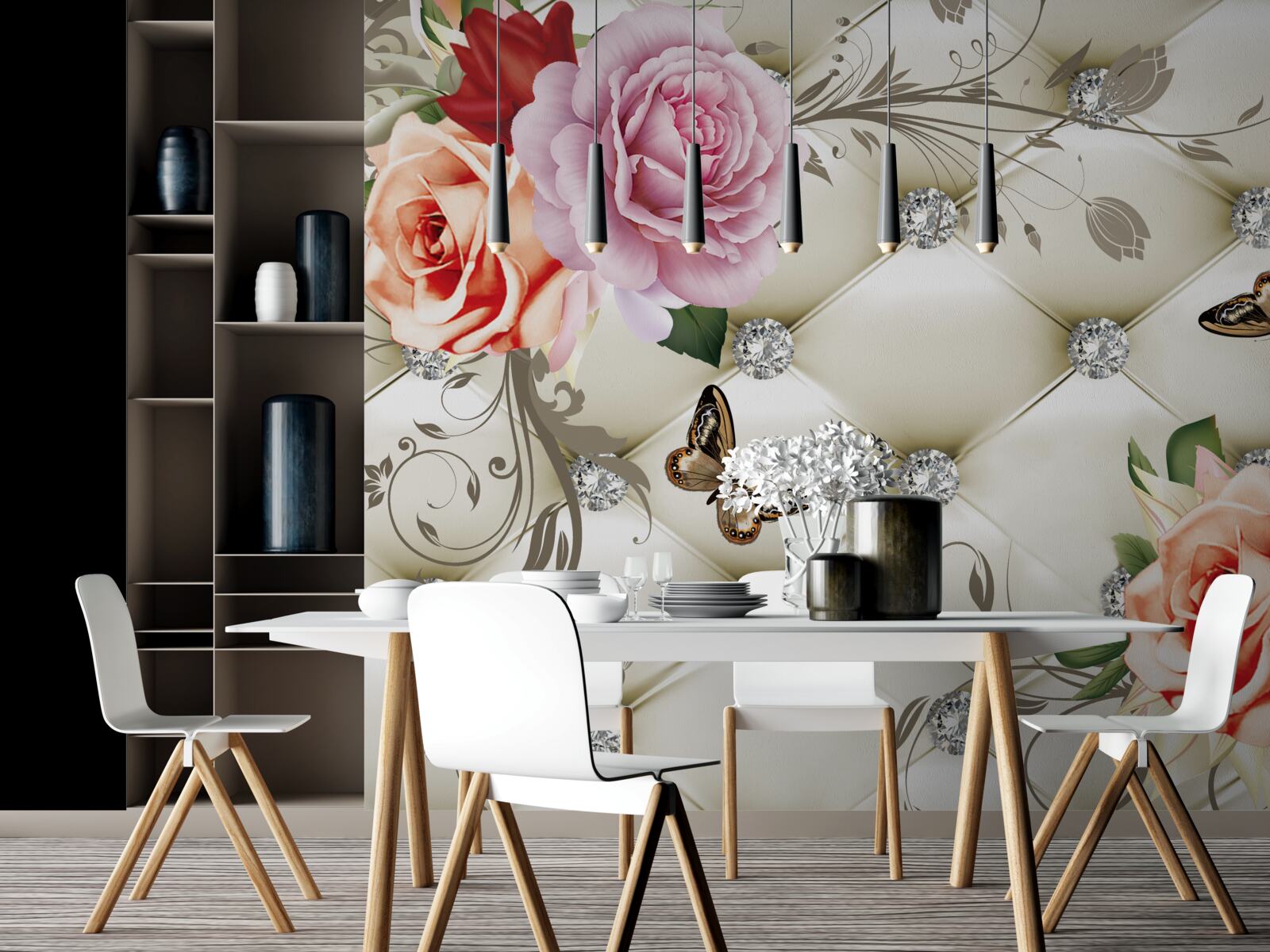 Fototapeta brzoskwiniowe i fioletowe róże z motylami