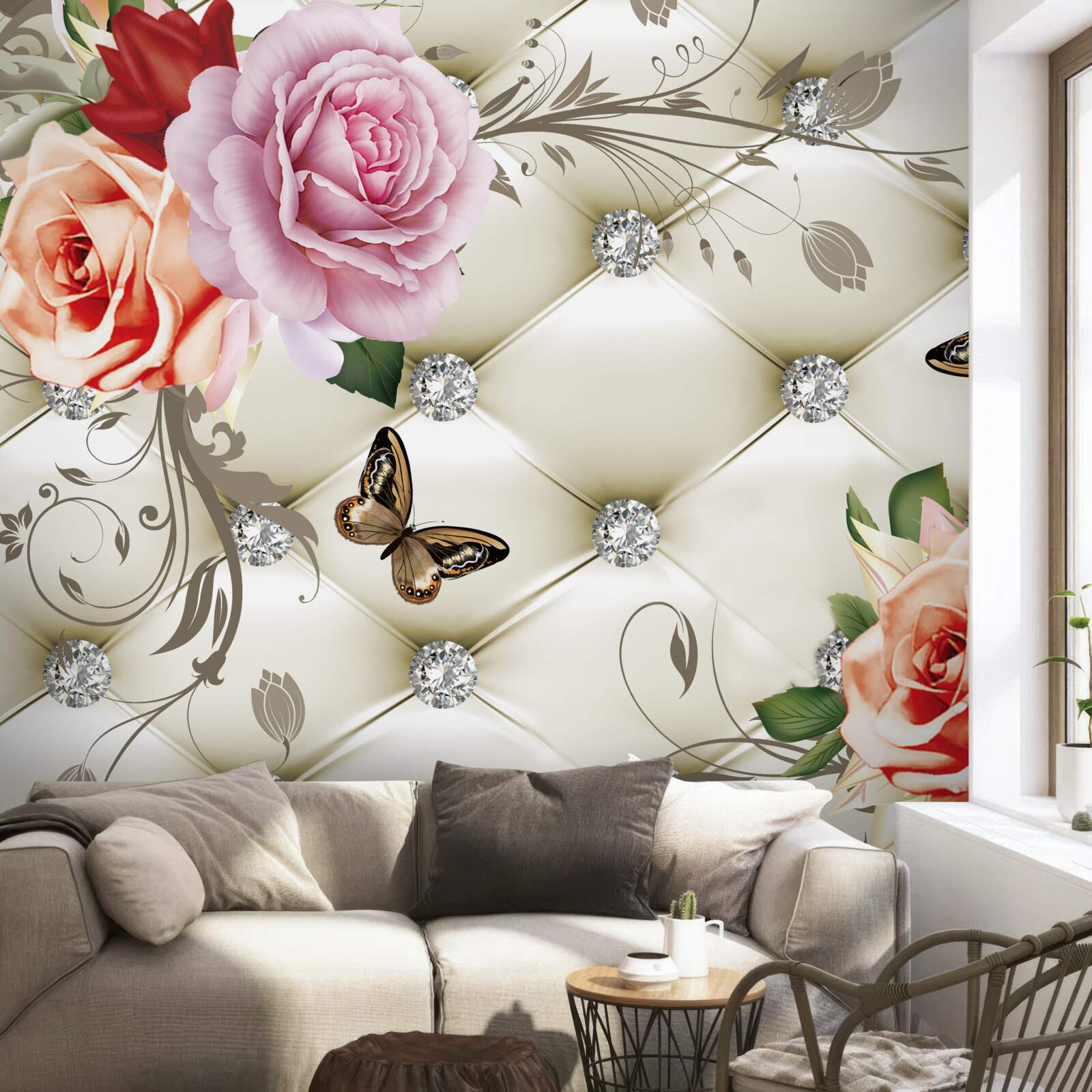 Fototapeta brzoskwiniowe i fioletowe róże z motylami