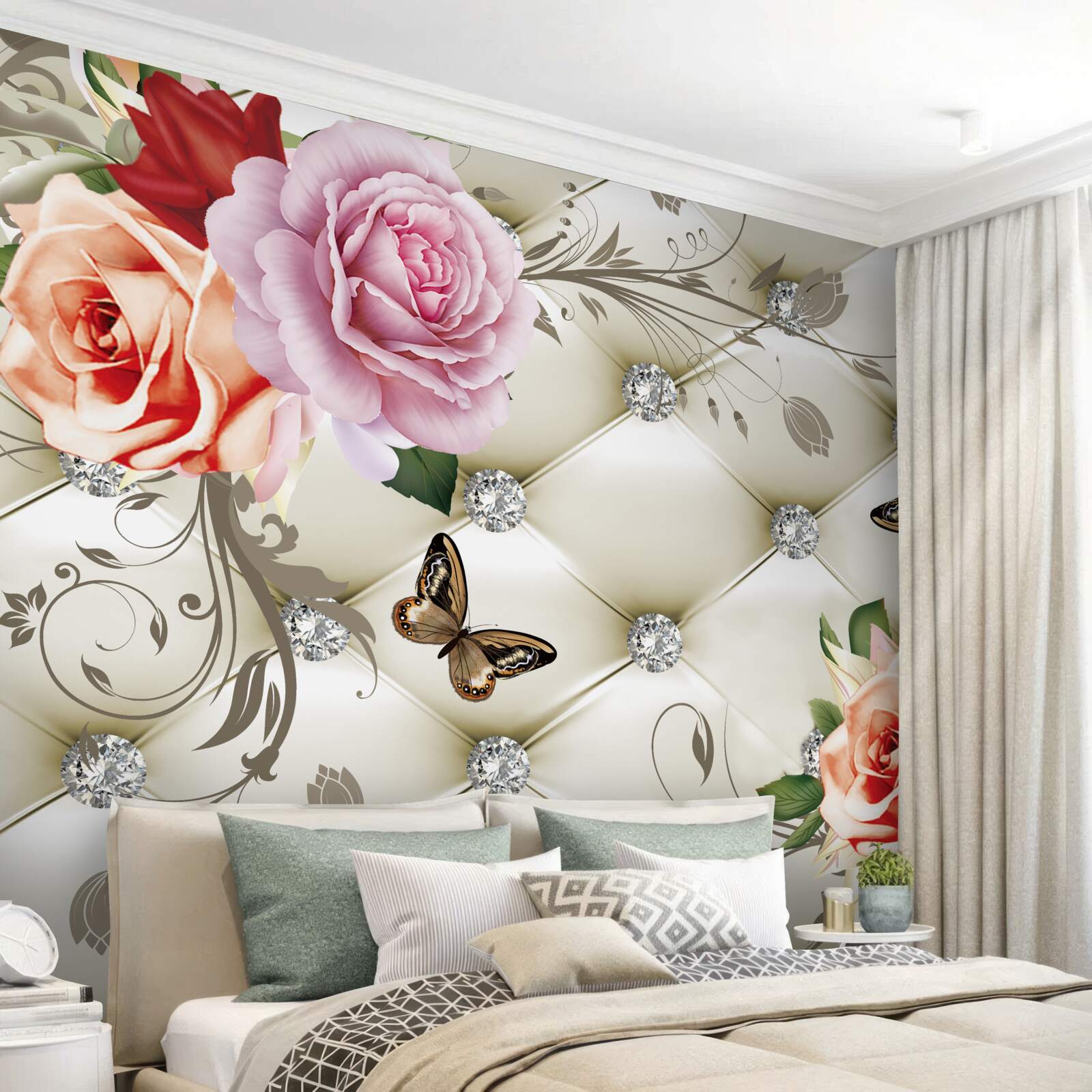 Fototapeta brzoskwiniowe i fioletowe róże z motylami