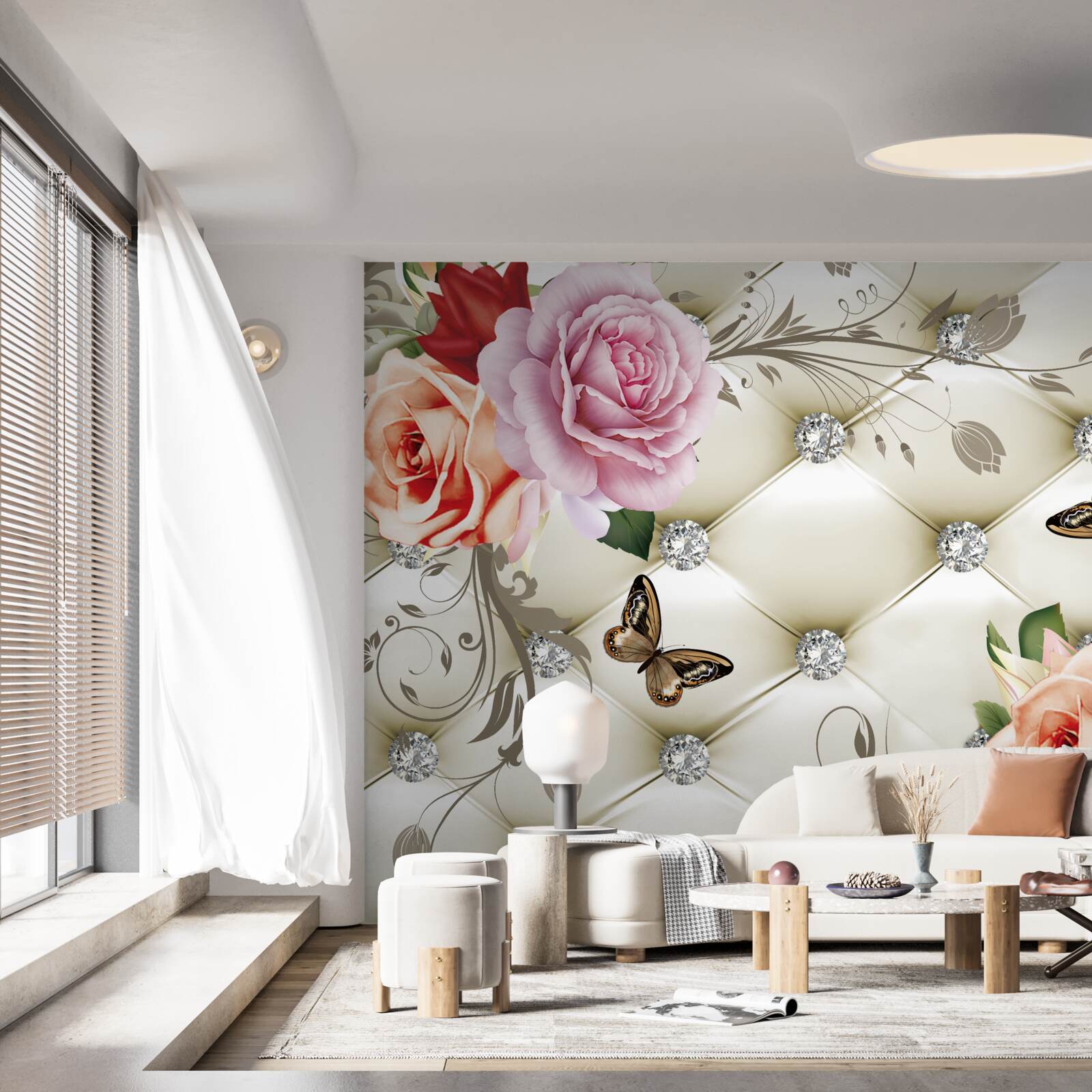 Fototapeta brzoskwiniowe i fioletowe róże z motylami