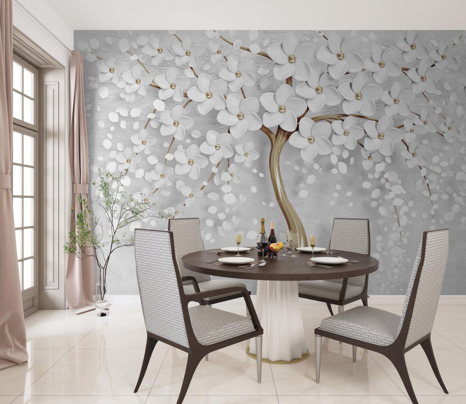 Fototapeta biało-liliowe kwiaty na dojrzałym drzewie