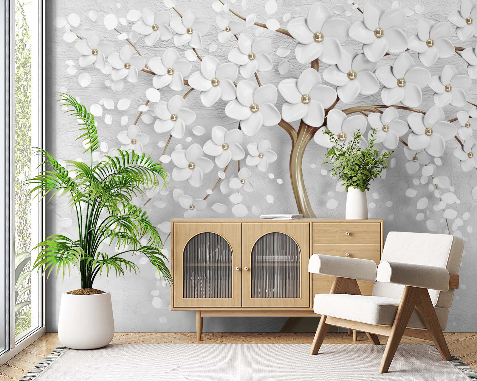 Fototapeta biało-liliowe kwiaty na dojrzałym drzewie