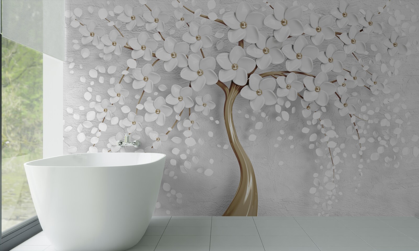 Fototapeta biało-liliowe kwiaty na dojrzałym drzewie