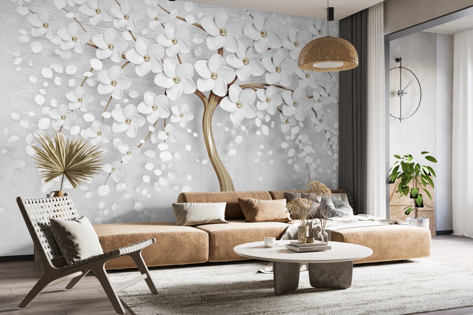 Fototapeta biało-liliowe kwiaty na dojrzałym drzewie