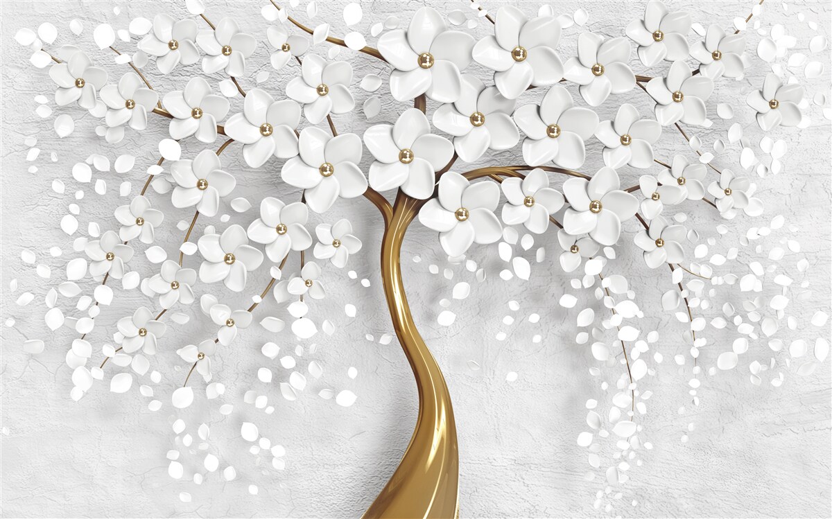 Fototapeta drzewo o białych kwiatach i smukłym pniu