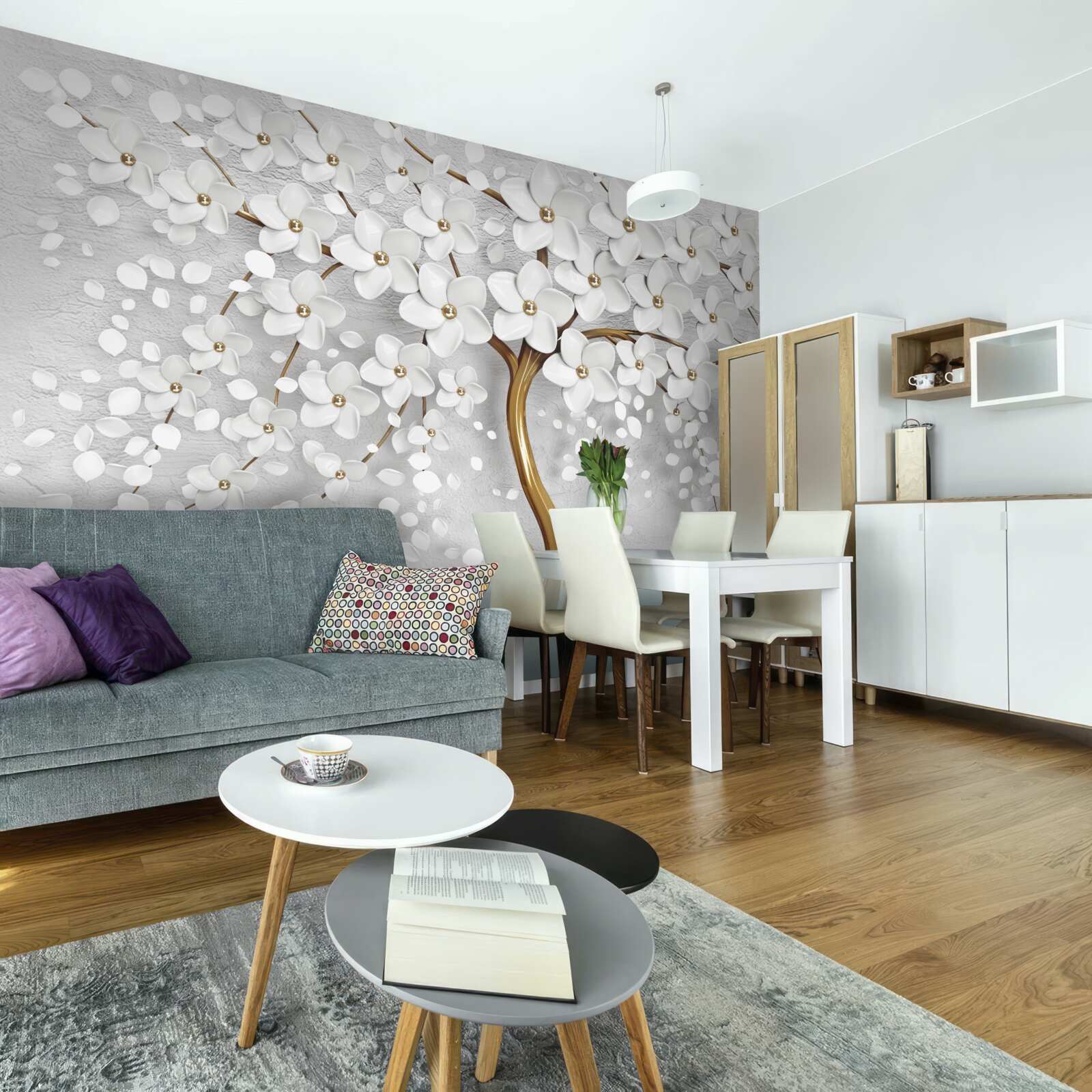 Fototapeta drzewo o białych kwiatach i smukłym pniu