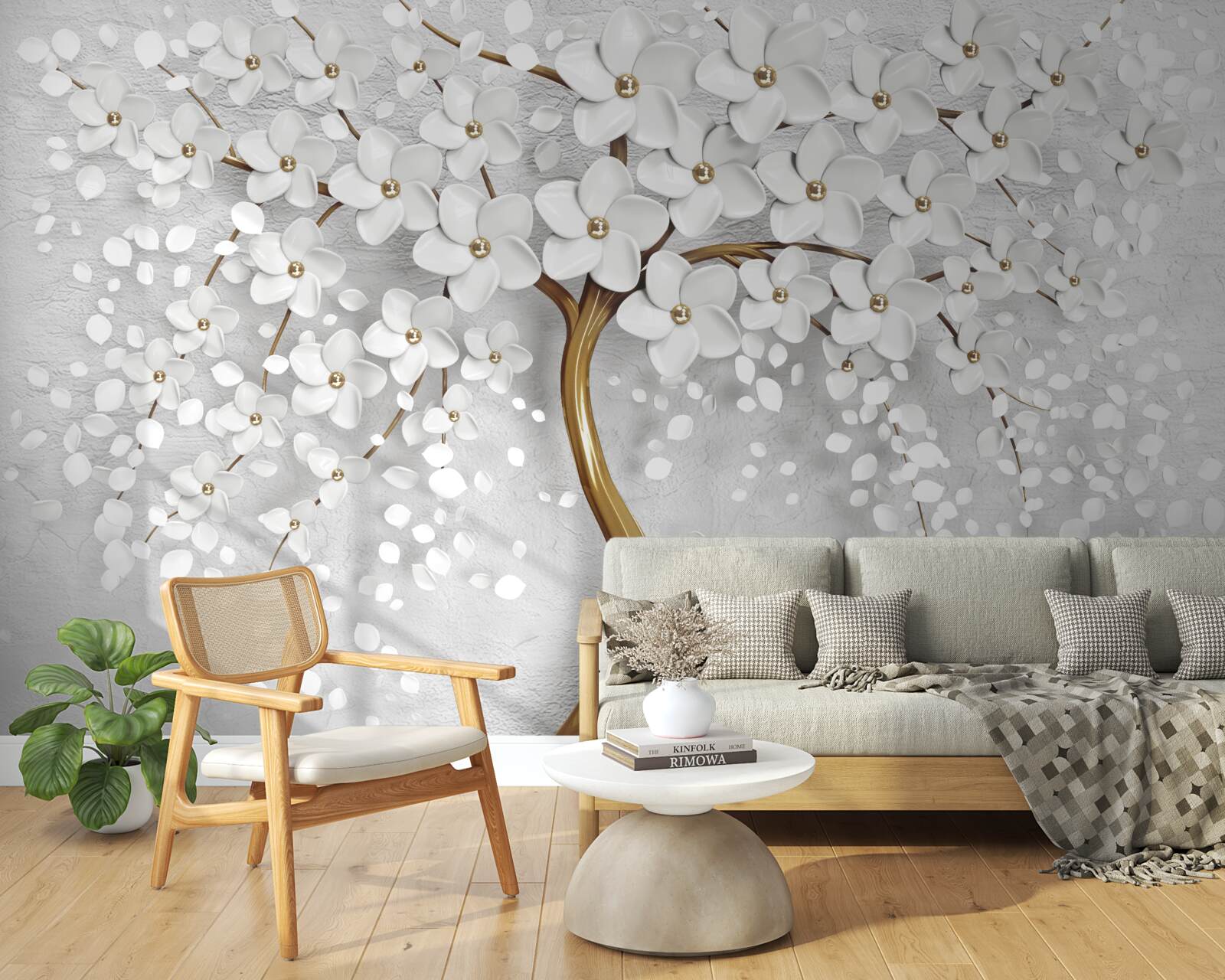 Fototapeta drzewo o białych kwiatach i smukłym pniu