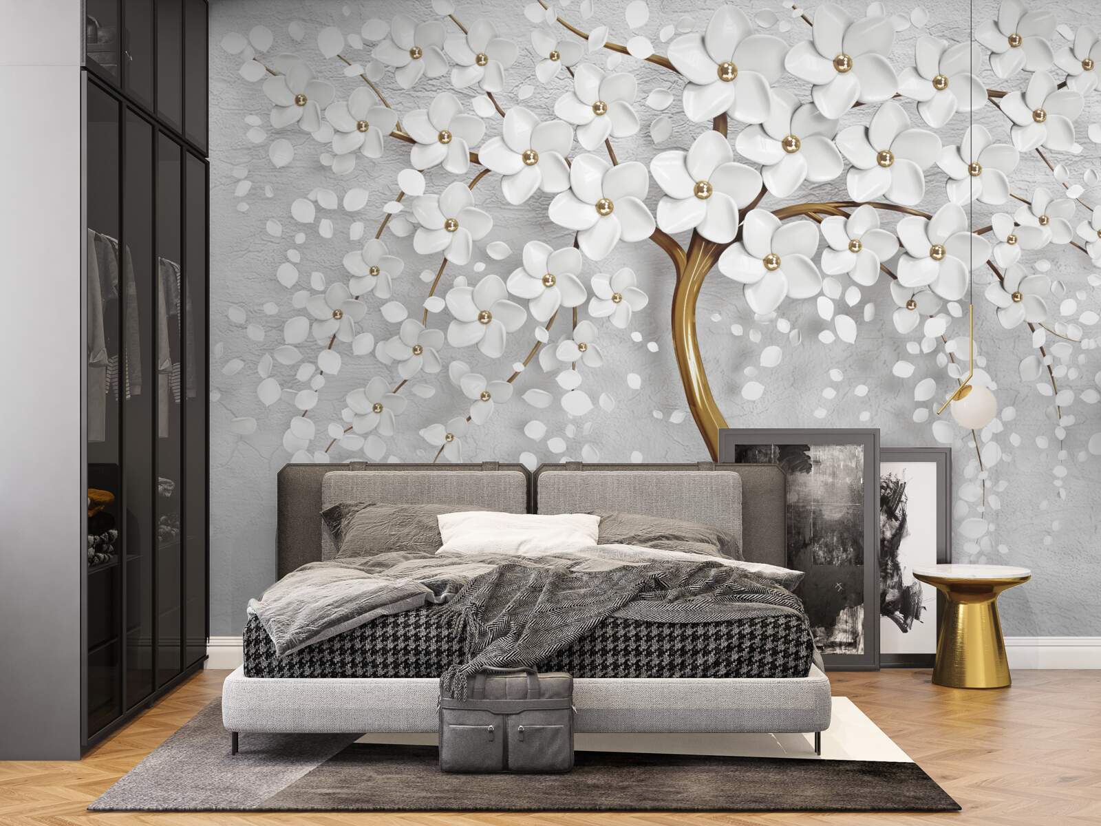 Fototapeta drzewo o białych kwiatach i smukłym pniu