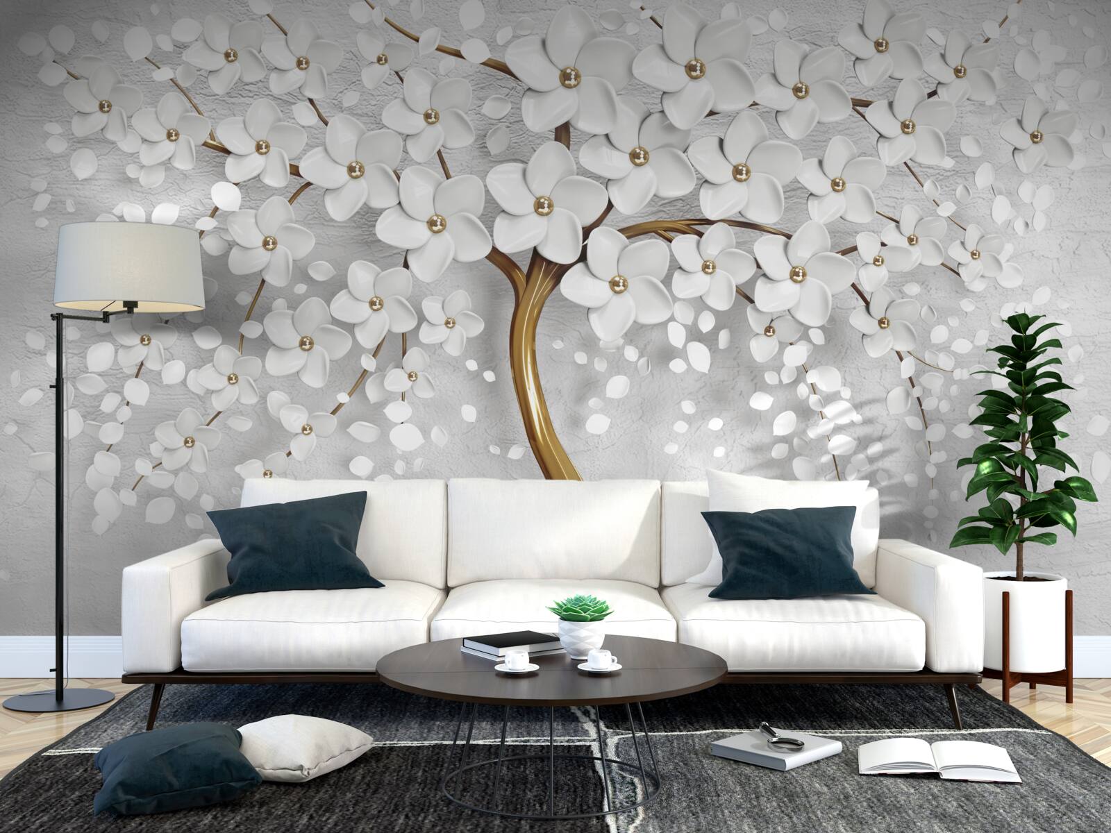 Fototapeta drzewo o białych kwiatach i smukłym pniu