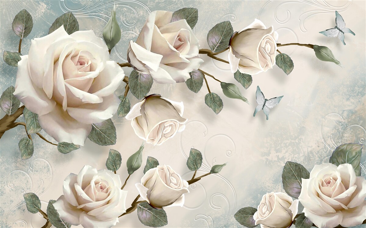 Fototapeta motyle na gałęziach pięknej białej róży