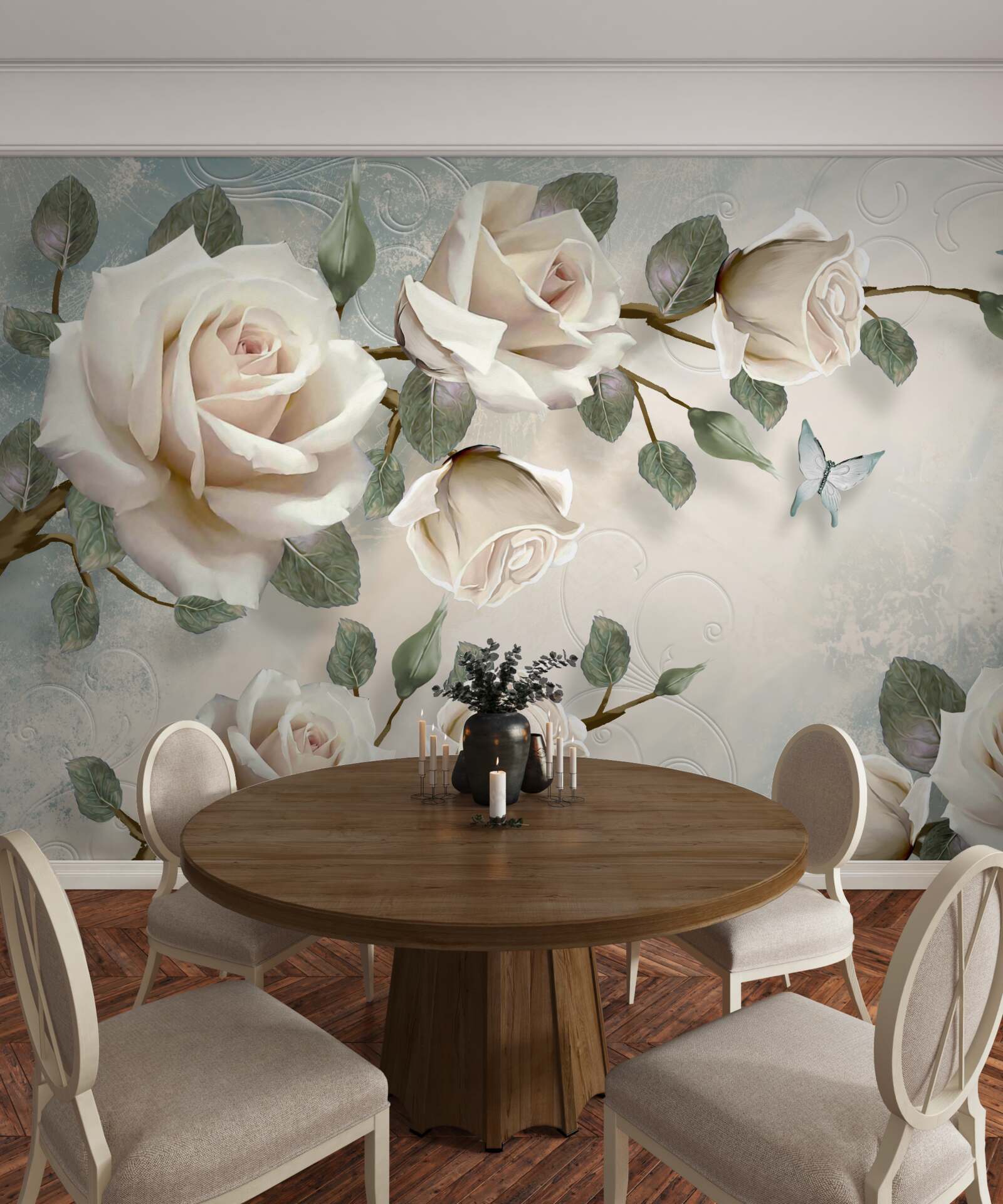 Fototapeta motyle na gałęziach pięknej białej róży