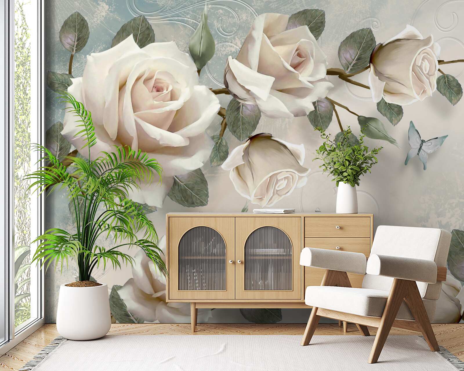 Fototapeta motyle na gałęziach pięknej białej róży