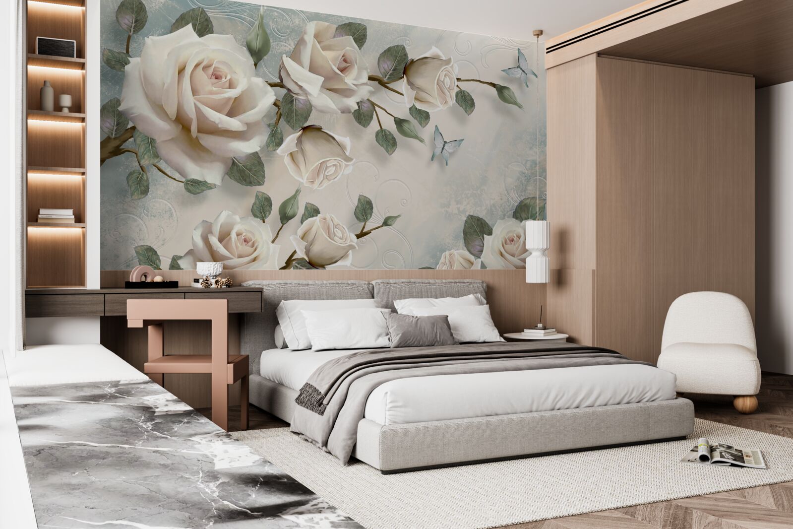 Fototapeta motyle na gałęziach pięknej białej róży