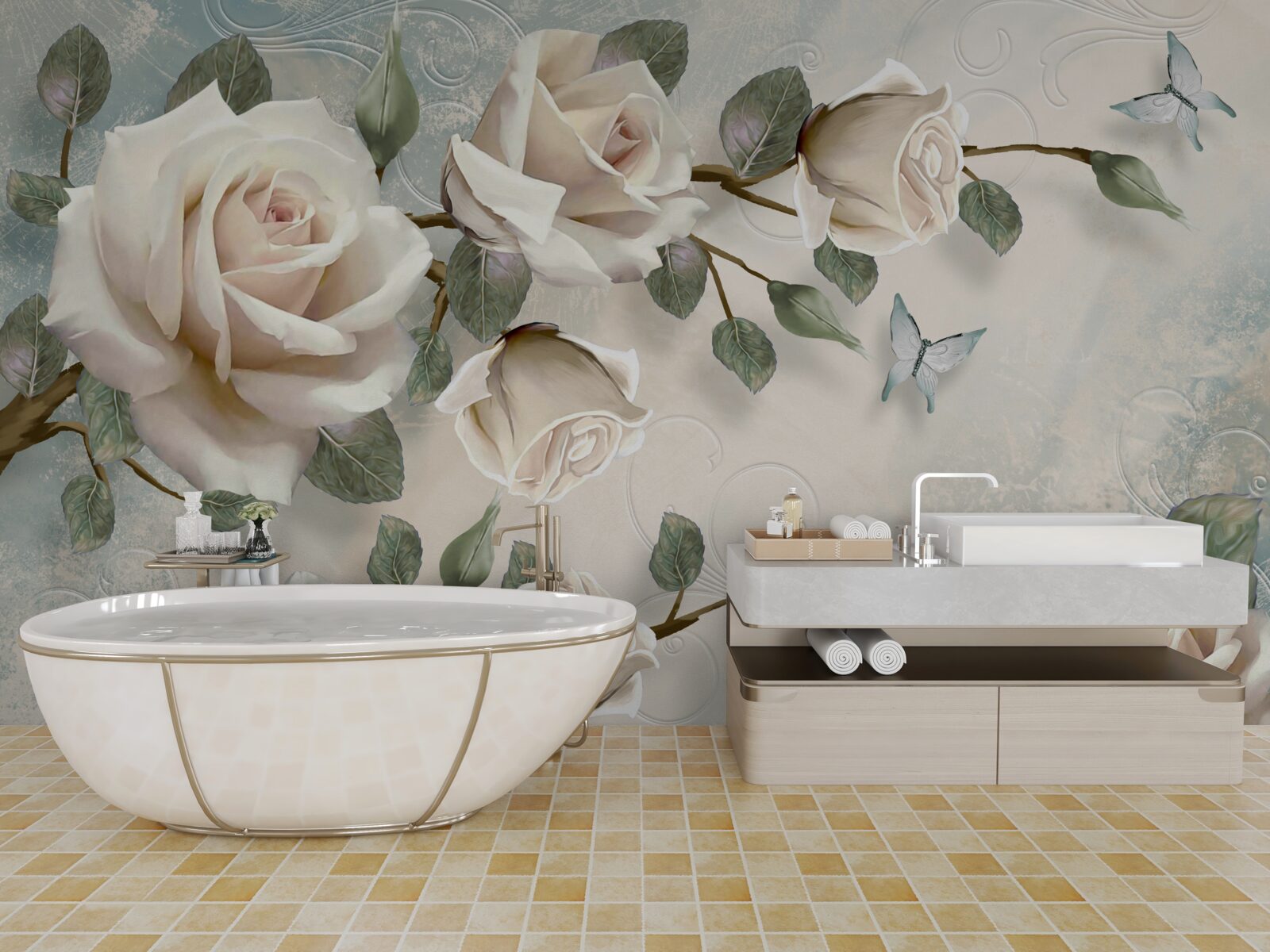 Fototapeta motyle na gałęziach pięknej białej róży