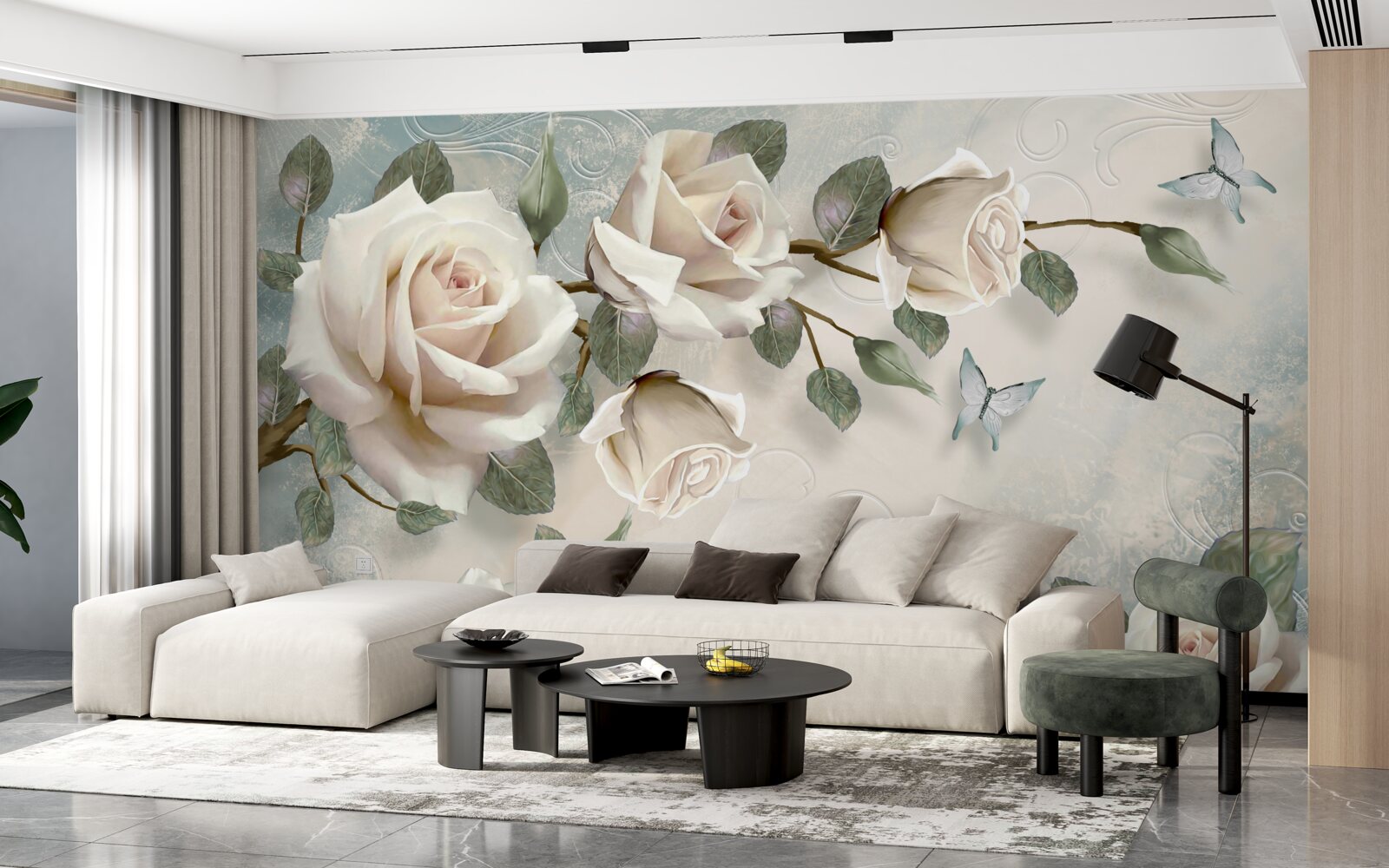 Fototapeta motyle na gałęziach pięknej białej róży