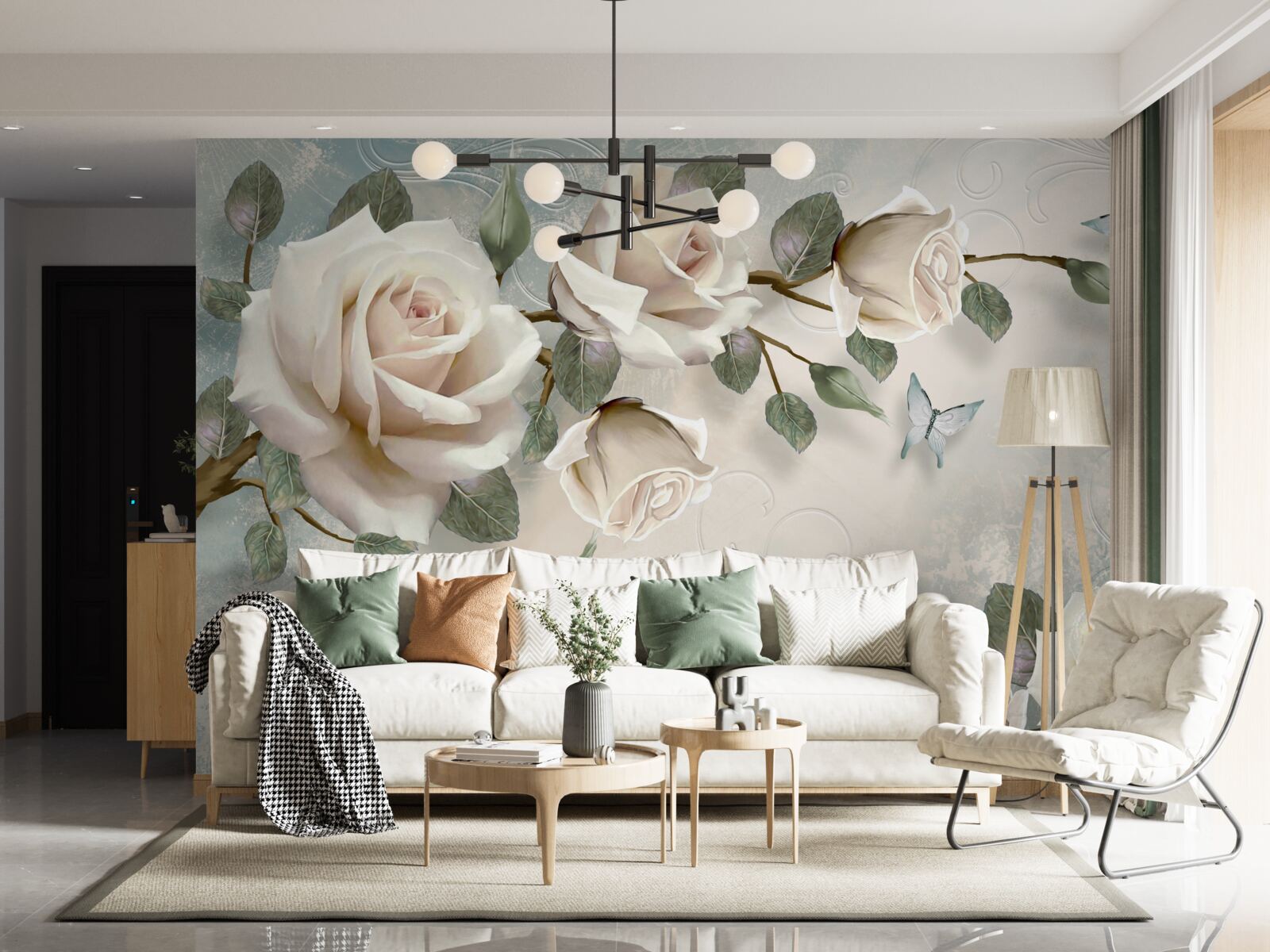 Fototapeta motyle na gałęziach pięknej białej róży