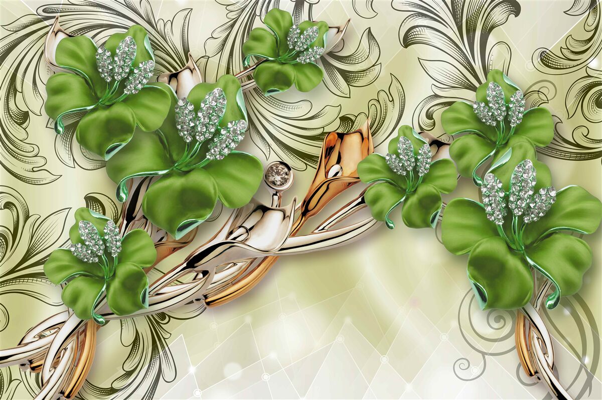 Fototapeta kwiaty są zielone, ozdobione perłami i złotem