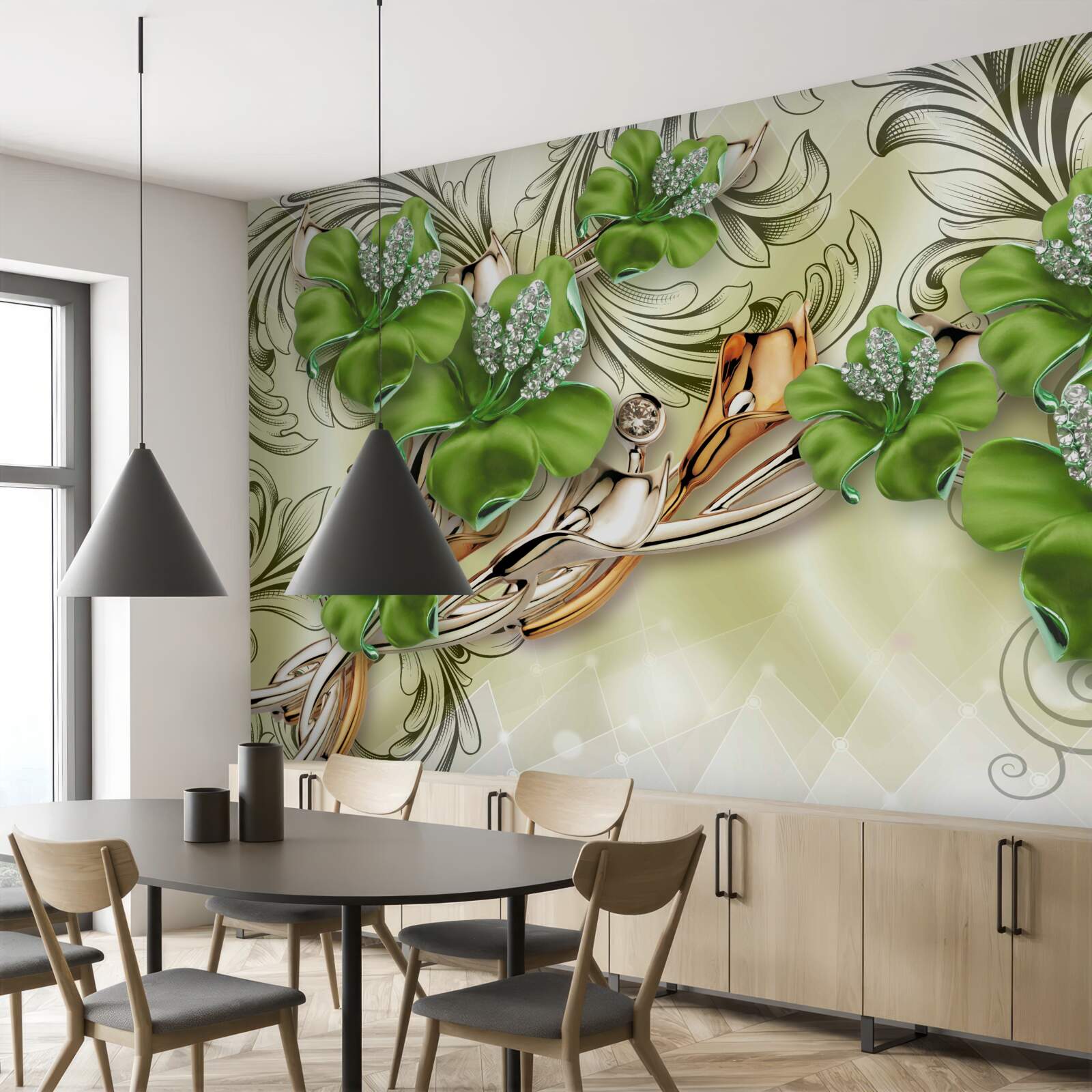 Fototapeta kwiaty są zielone, ozdobione perłami i złotem