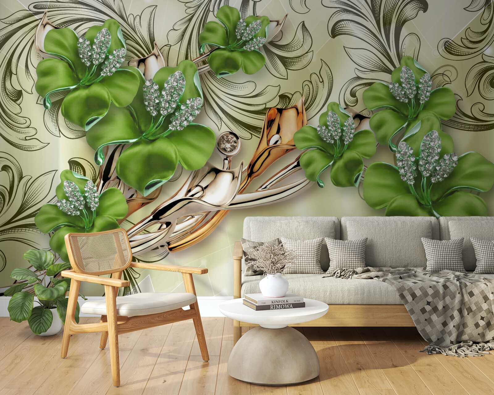 Fototapeta kwiaty są zielone, ozdobione perłami i złotem