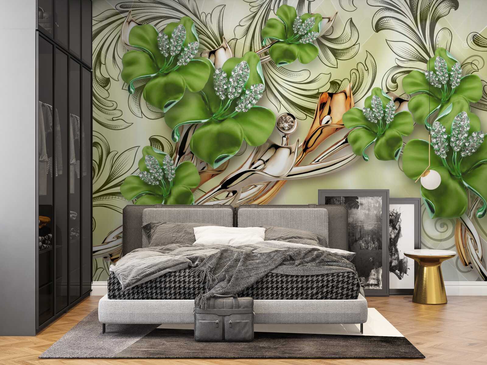 Fototapeta kwiaty są zielone, ozdobione perłami i złotem