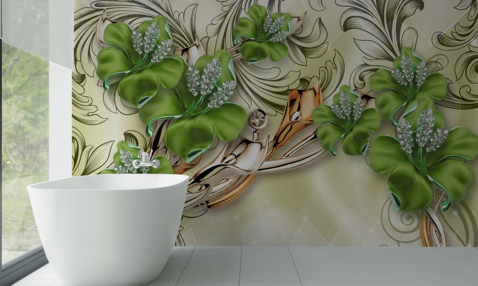 Fototapeta kwiaty są zielone, ozdobione perłami i złotem