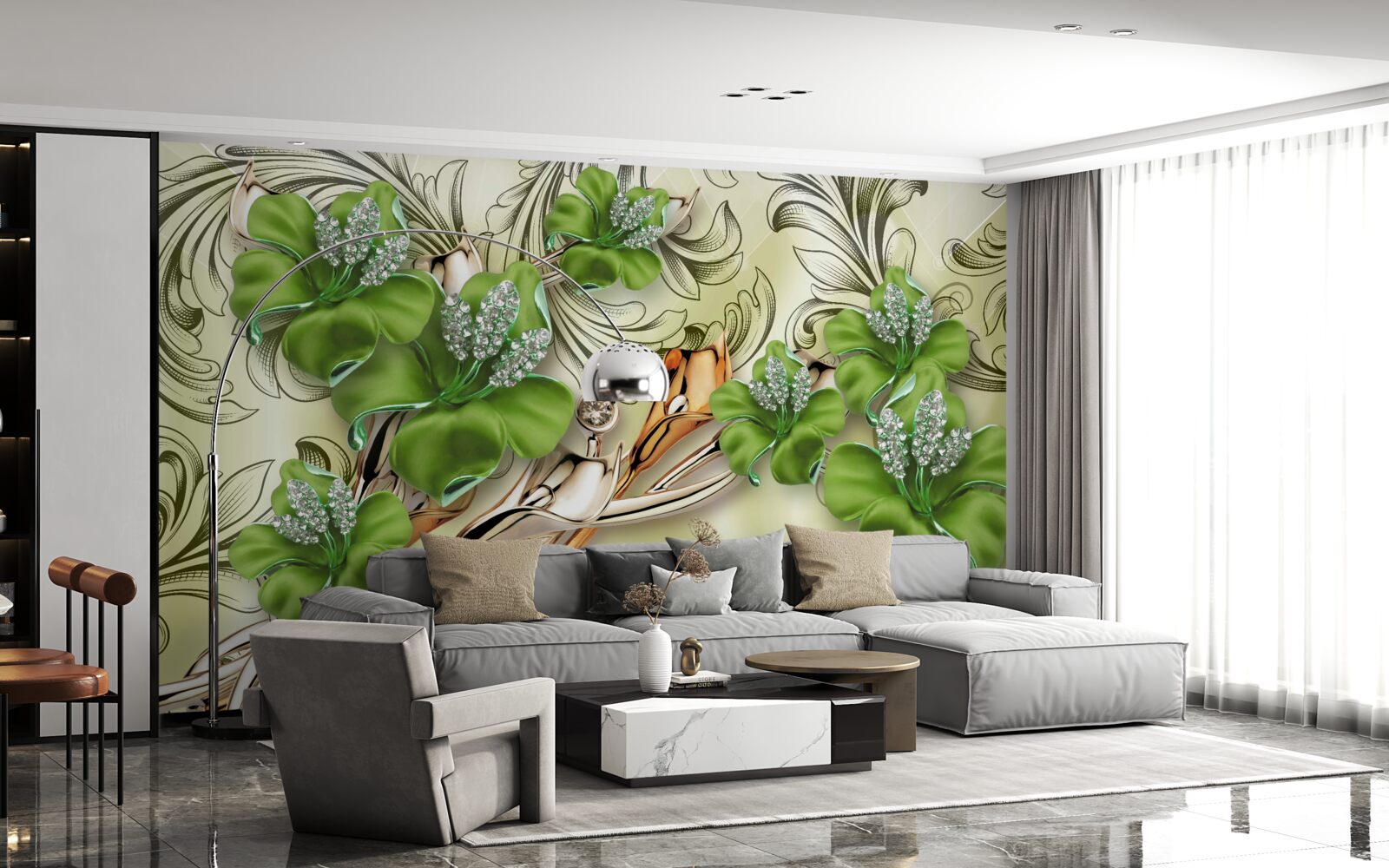 Fototapeta kwiaty są zielone, ozdobione perłami i złotem