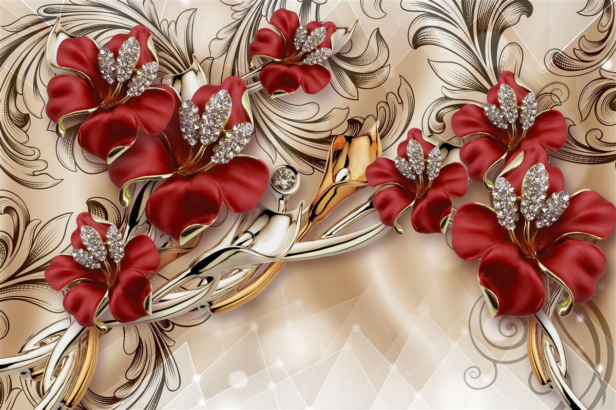 Fototapeta złota biżuteria z czerwonymi pąkami