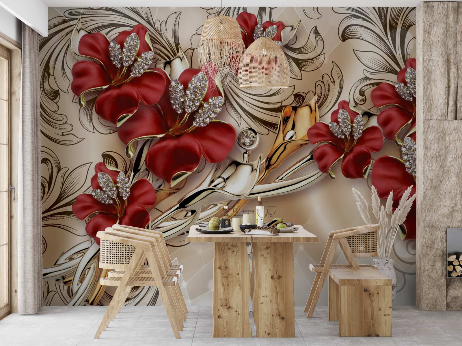 Fototapeta złota biżuteria z czerwonymi pąkami