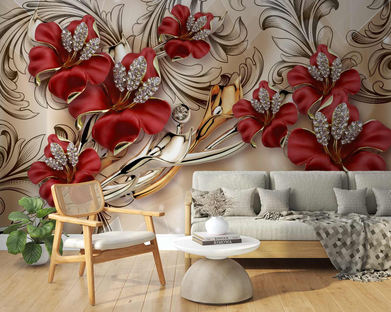 Fototapeta złota biżuteria z czerwonymi pąkami